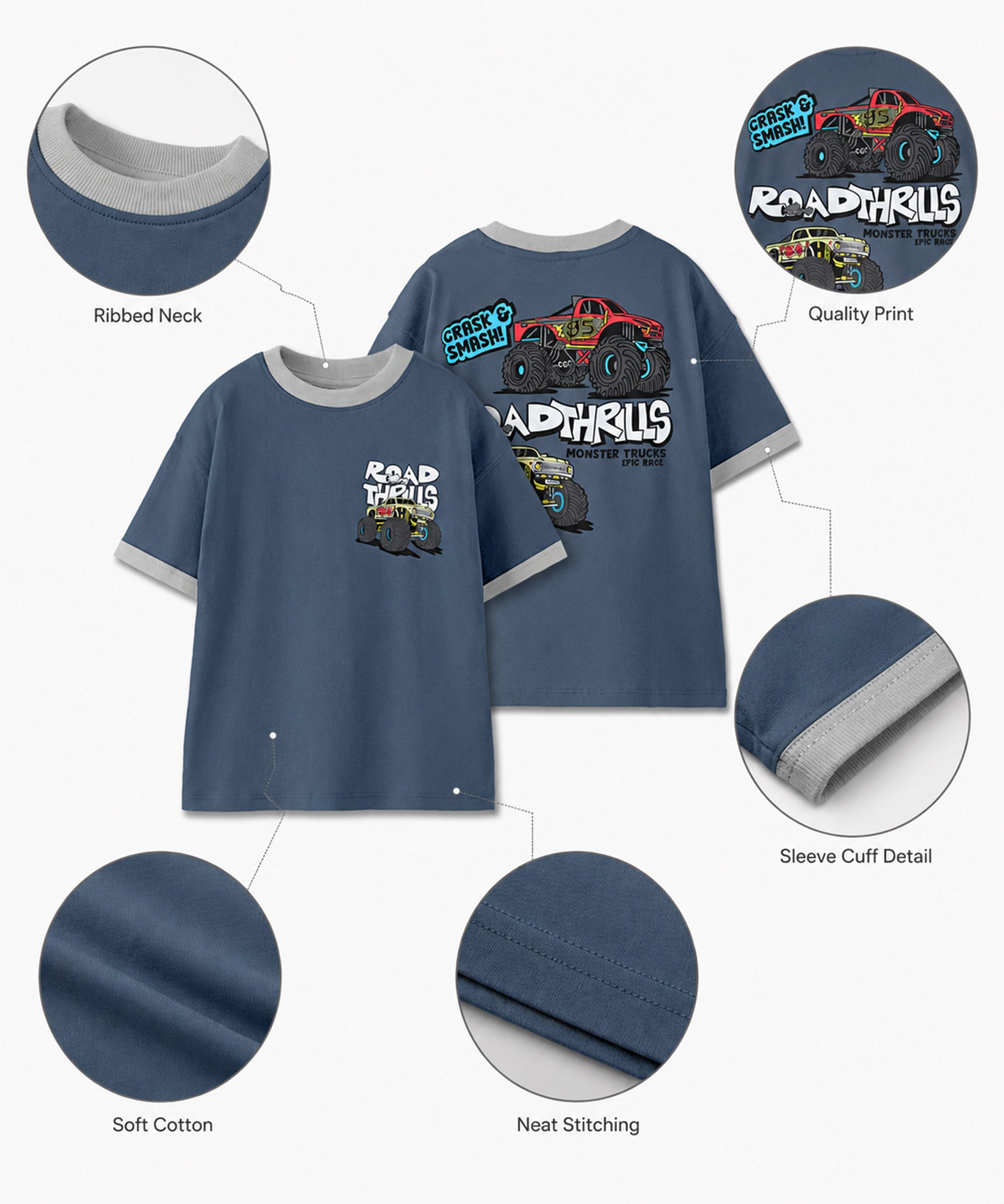 Boys Premium Cotton Oversized Printed T-Shirt | Steel Blue