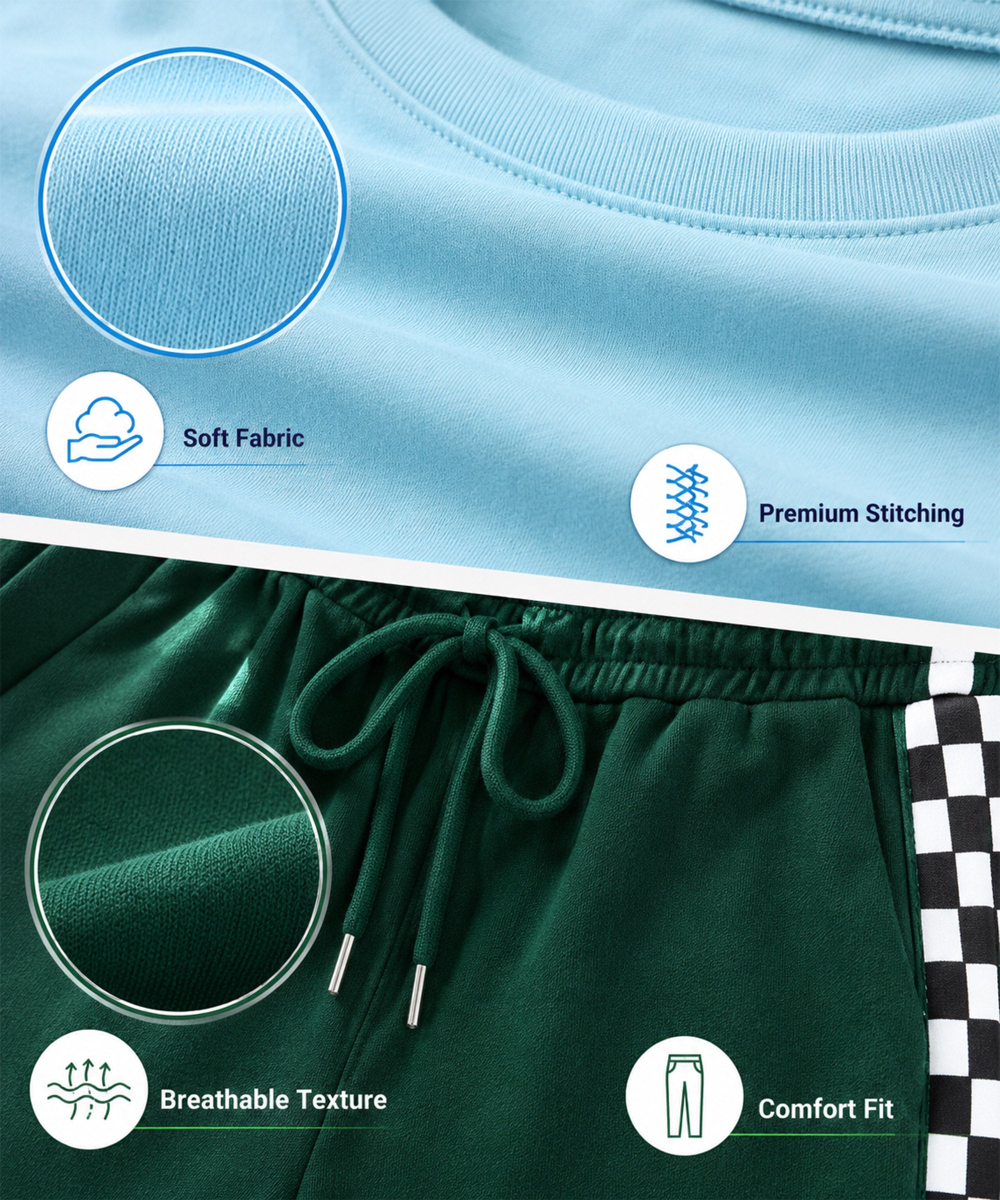 Girls Premium Cotton Sky Blue Graphic T-Shirt & Dark Green Side Stripe Pants Set | Regular Fit