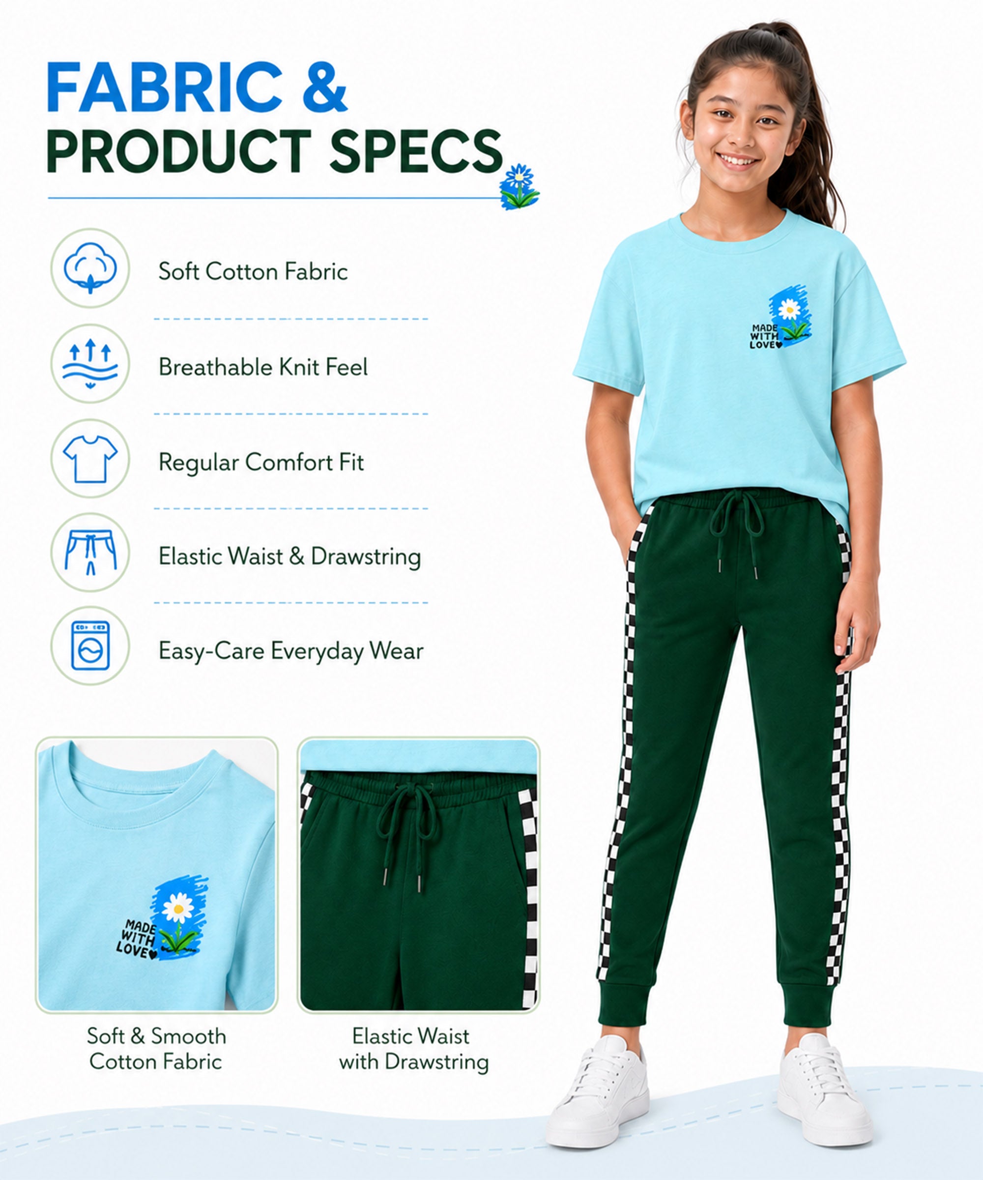 Girls Premium Cotton Sky Blue Graphic T-Shirt & Dark Green Side Stripe Pants Set | Regular Fit