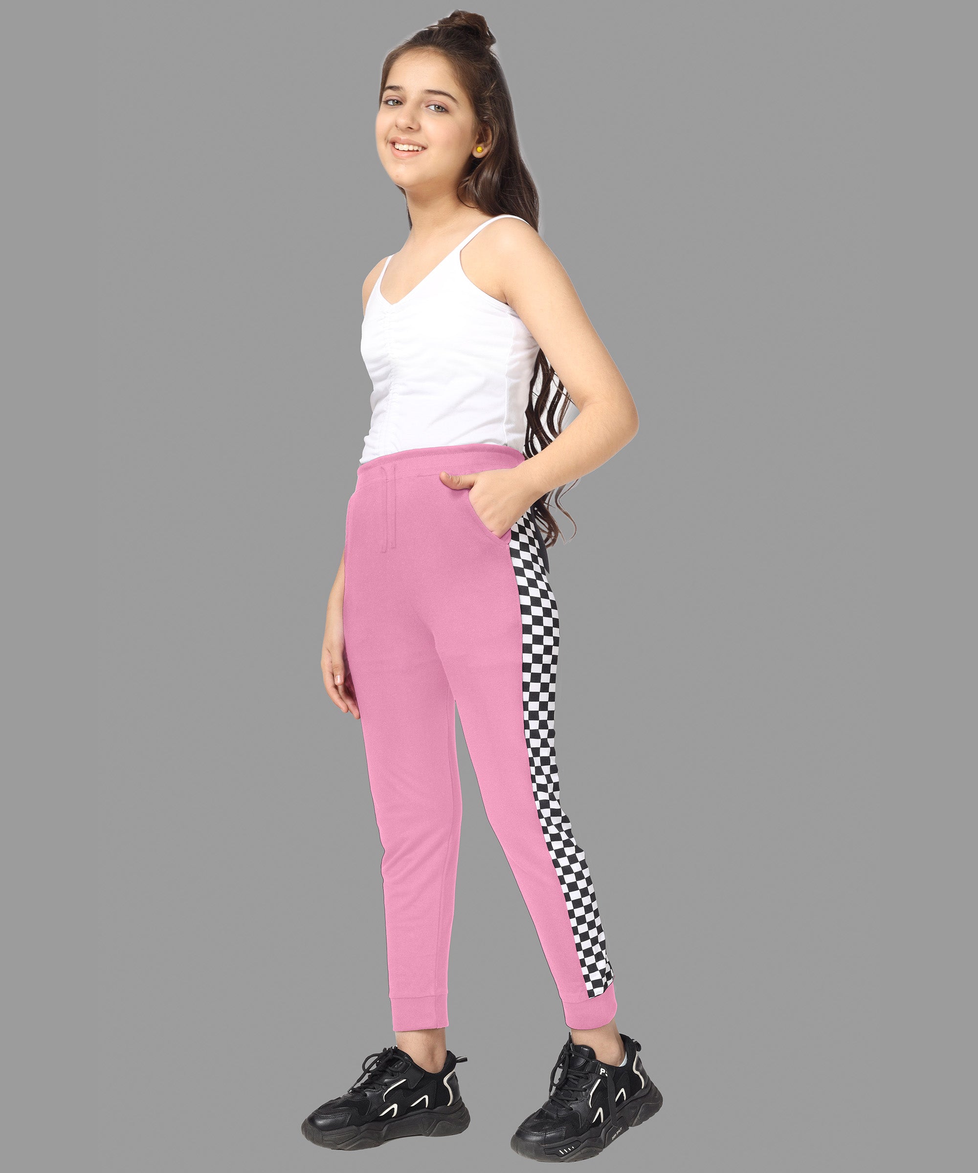 Girls Cotton Printed Track Pants with Pocket - Pink
