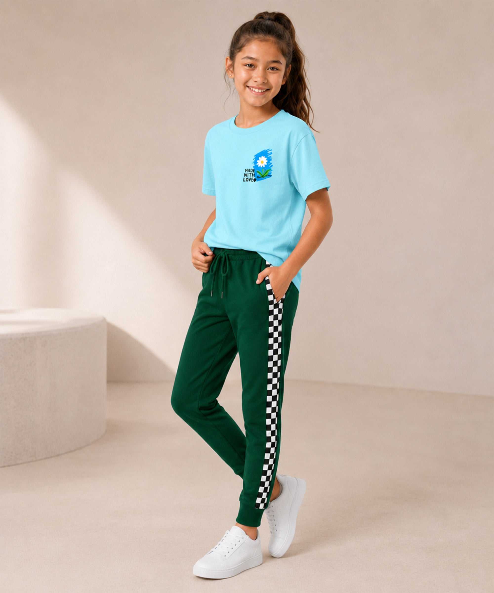 Girls Premium Cotton Sky Blue Graphic T-Shirt & Dark Green Side Stripe Pants Set | Regular Fit