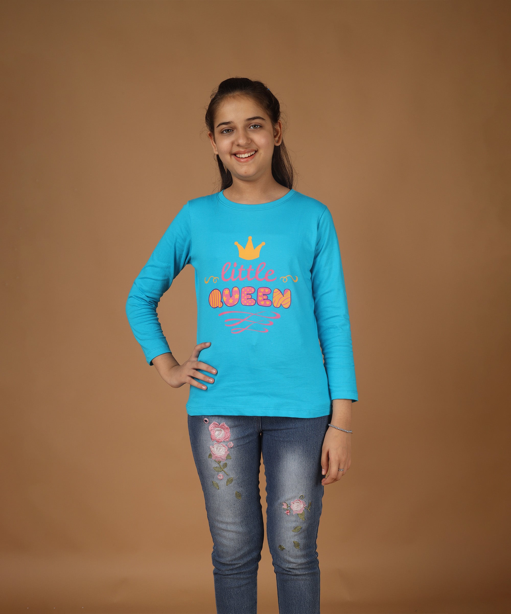 Girls Printed Full Sleeve Premium T-shirt | Sky Blue