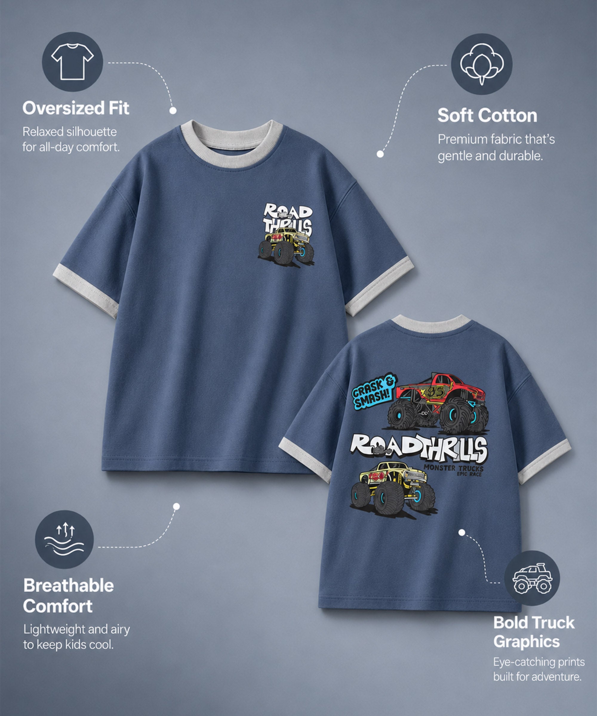 Boys Premium Cotton Oversized Printed T-Shirt | Steel Blue