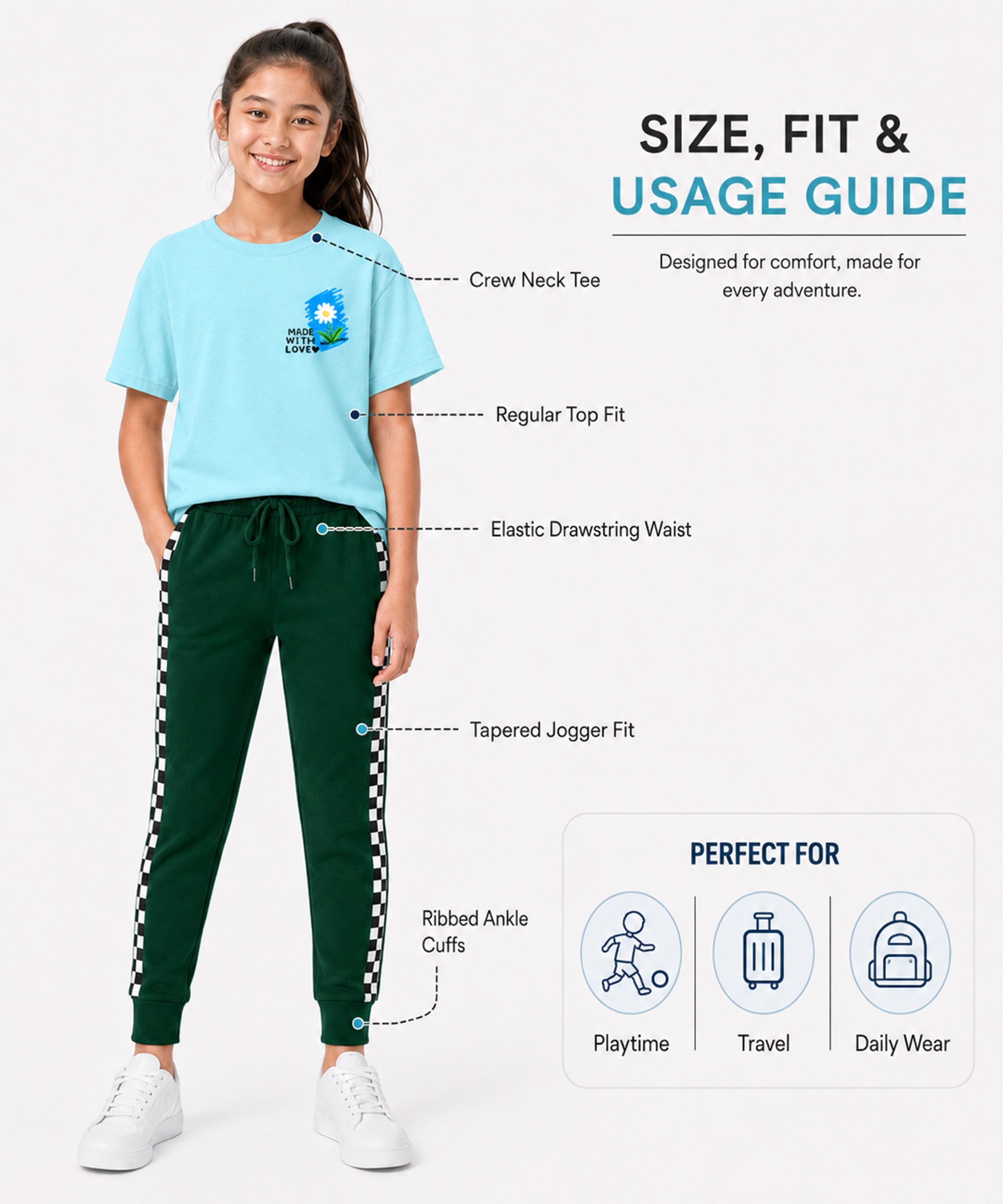 Girls Premium Cotton Sky Blue Graphic T-Shirt & Dark Green Side Stripe Pants Set | Regular Fit