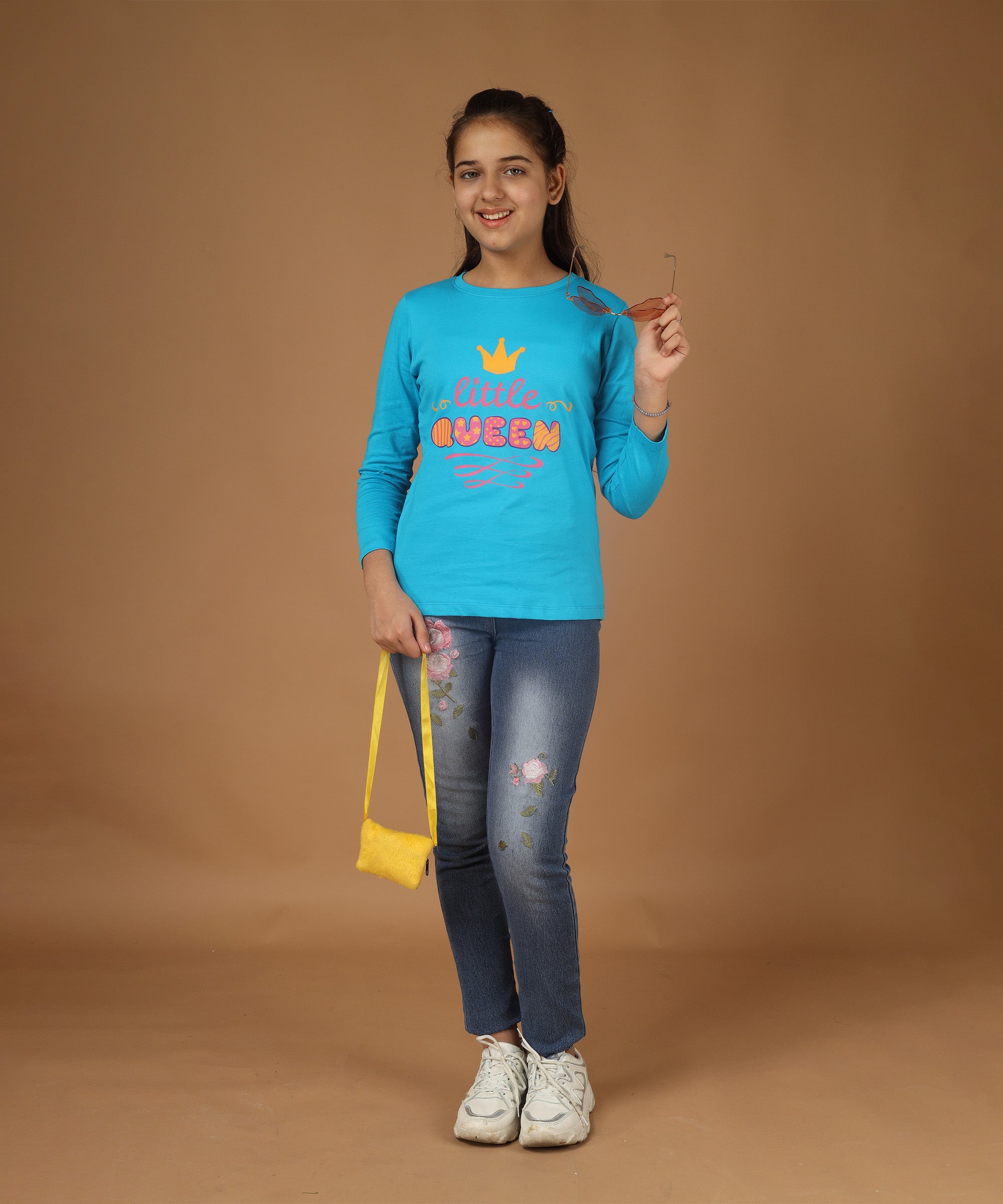 Girls Printed Full Sleeve Premium T-shirt | Sky Blue