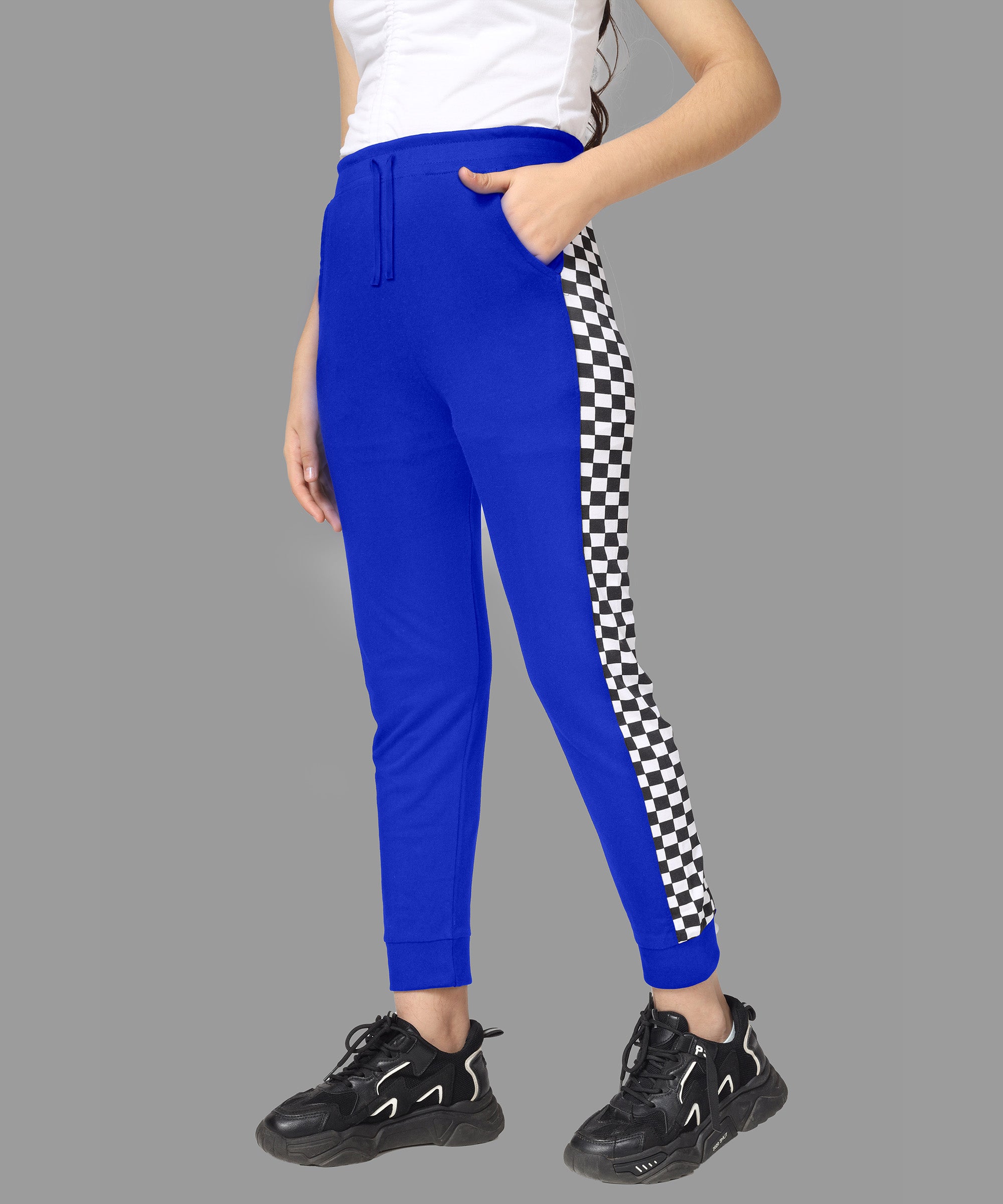 Girls Cotton Printed Track Pants with Pocket - Blue