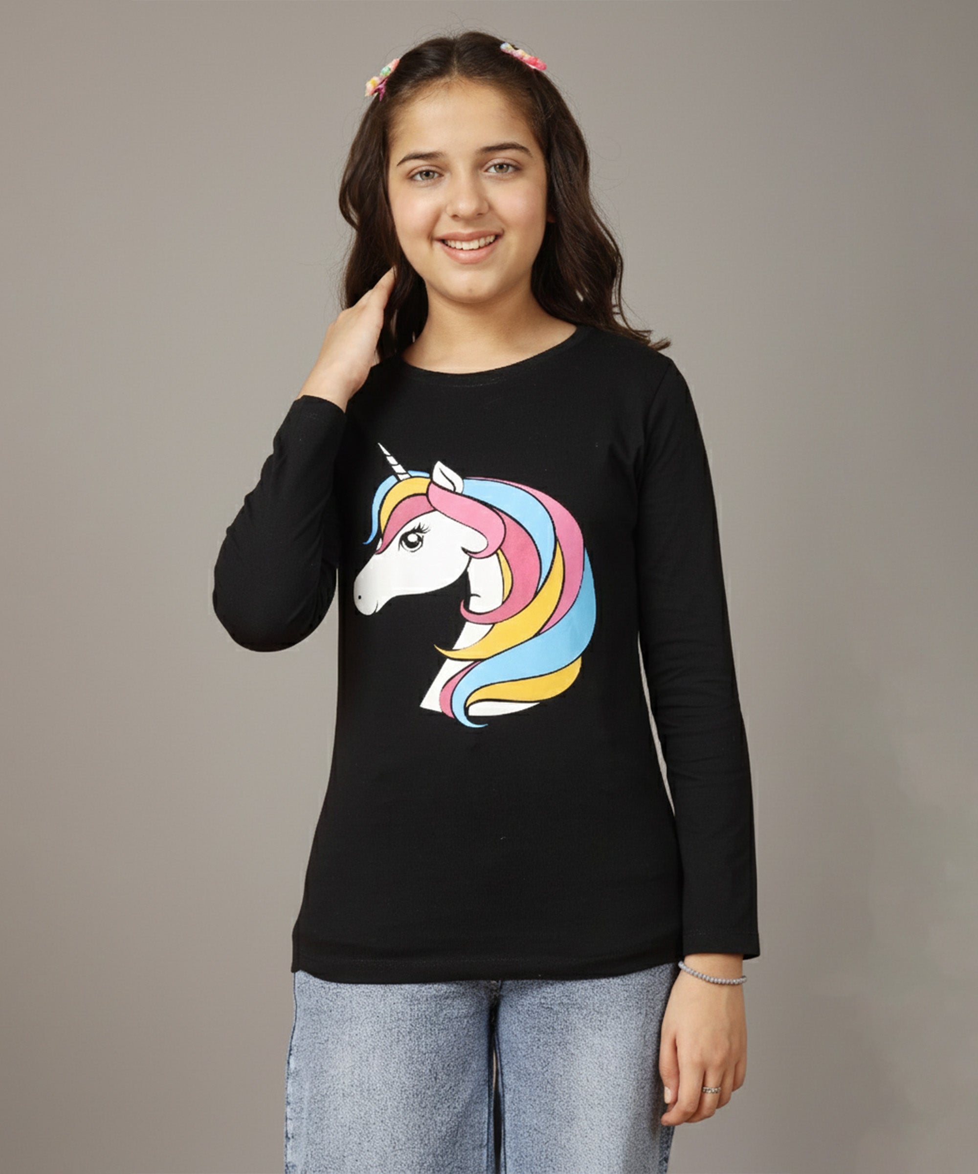 Girls Printed Full Sleeve Premium T-shirt | Black