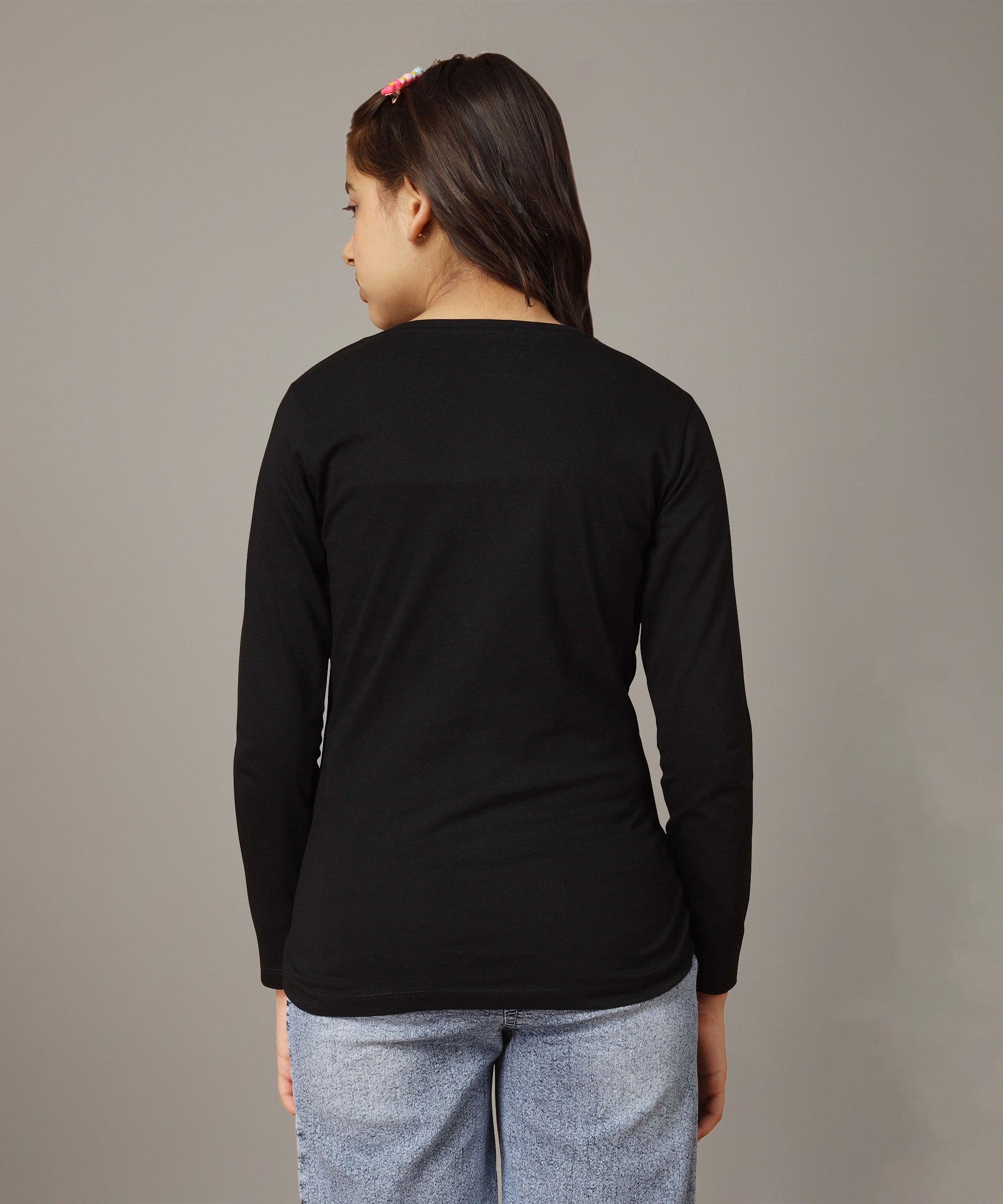 Girls Printed Full Sleeve Premium T-shirt | Black
