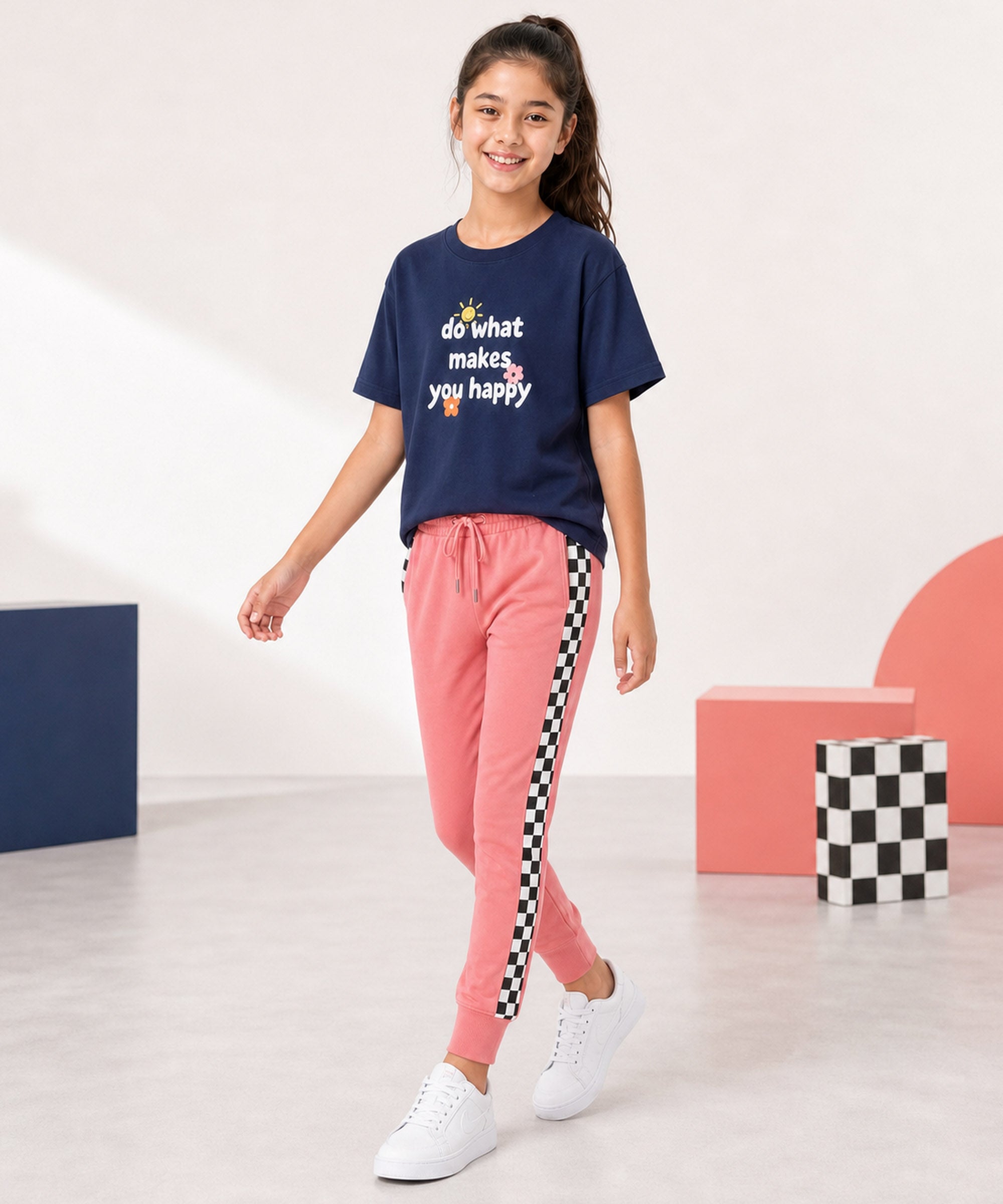 Girls Premium Cotton Navy Blue Graphic T-Shirt & Coral Pink Side Stripe Pants Set | Regular Fit