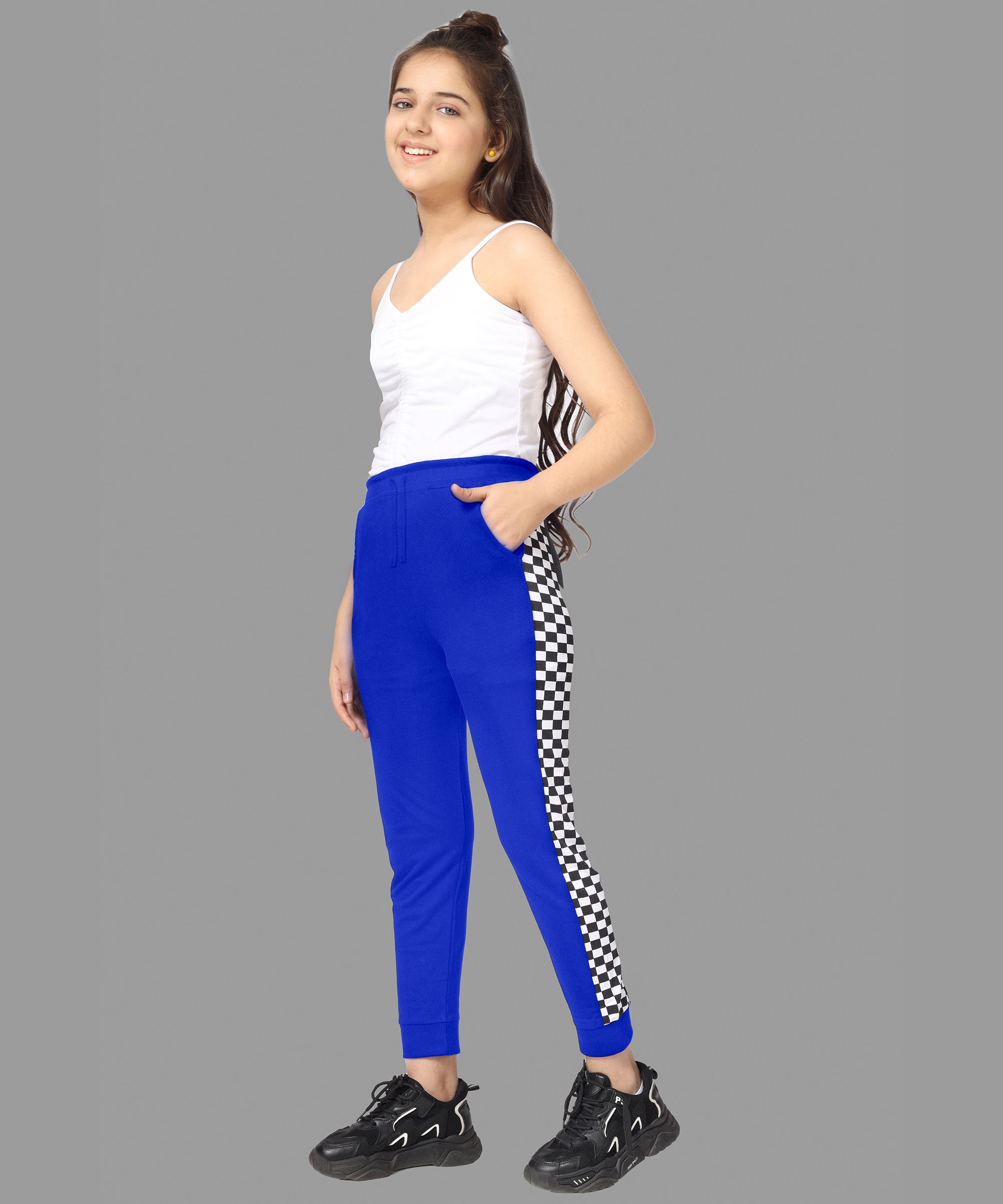 Girls Cotton Printed Track Pants with Pocket - Blue