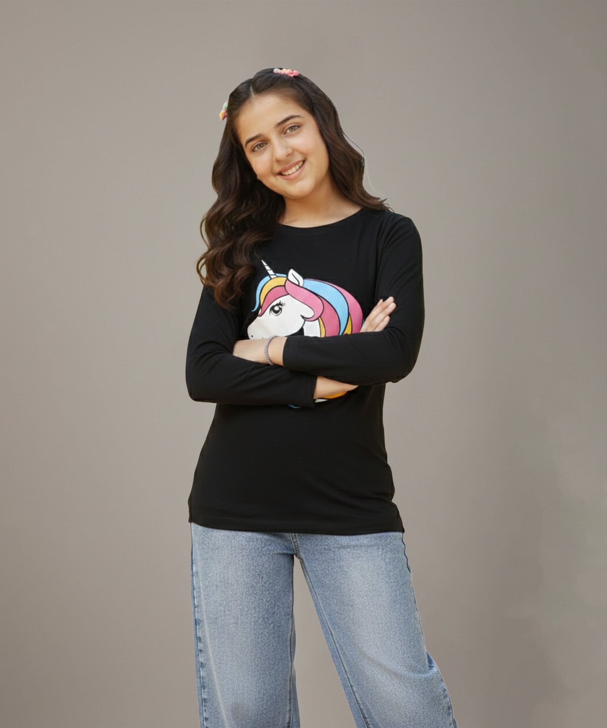 Girls Printed Full Sleeve Premium T-shirt | Black