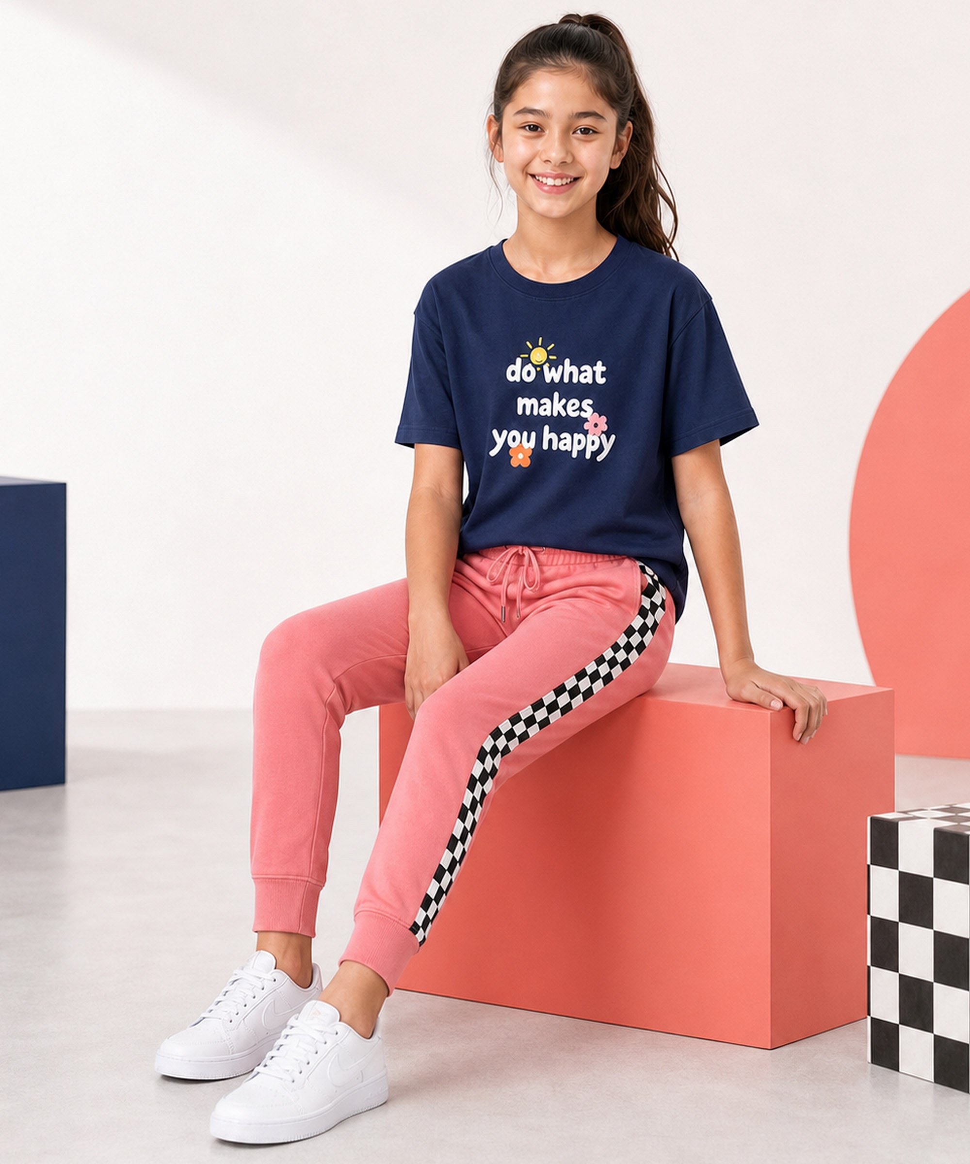 Girls Premium Cotton Navy Blue Graphic T-Shirt & Coral Pink Side Stripe Pants Set | Regular Fit