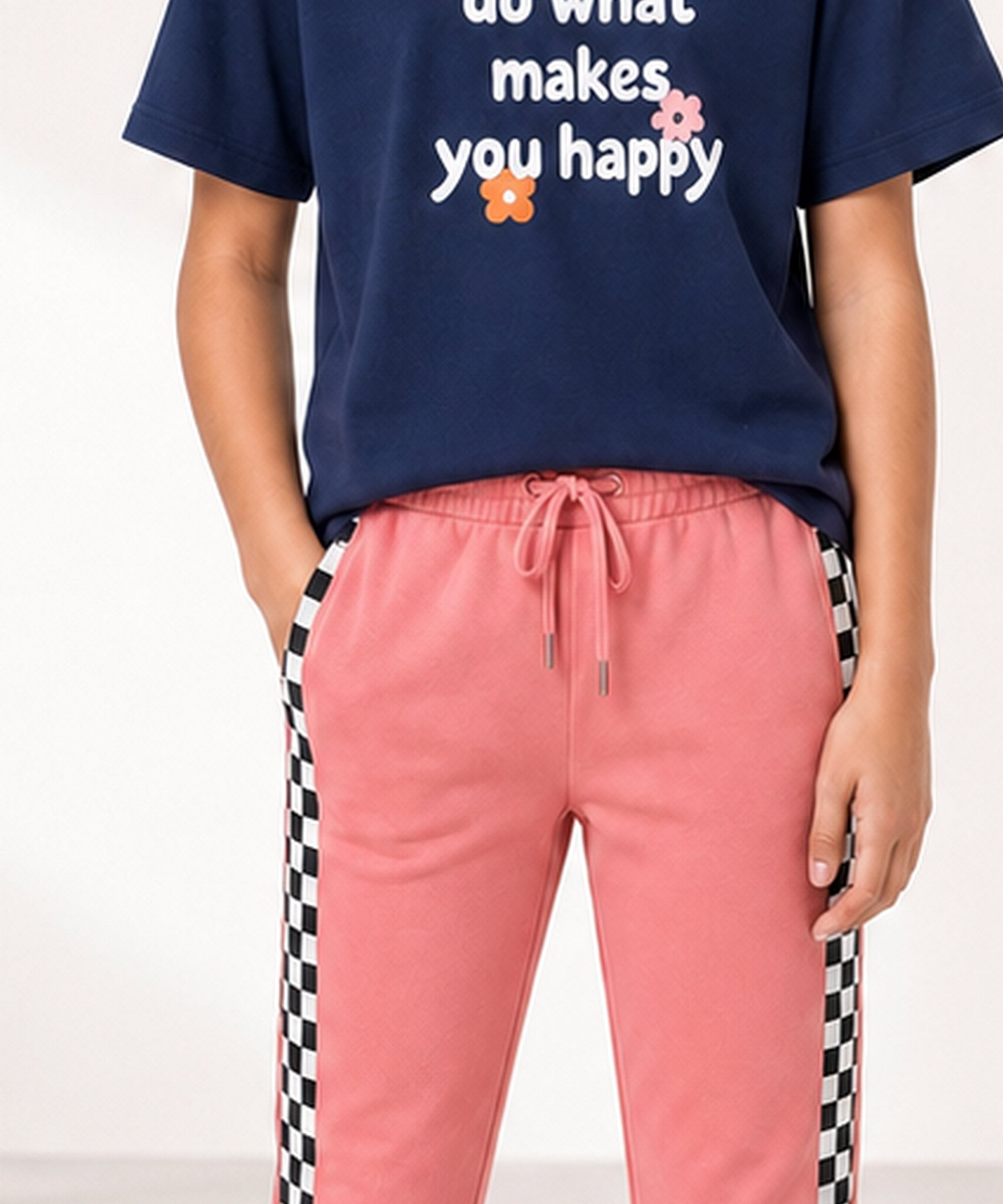 Girls Premium Cotton Navy Blue Graphic T-Shirt & Coral Pink Side Stripe Pants Set | Regular Fit
