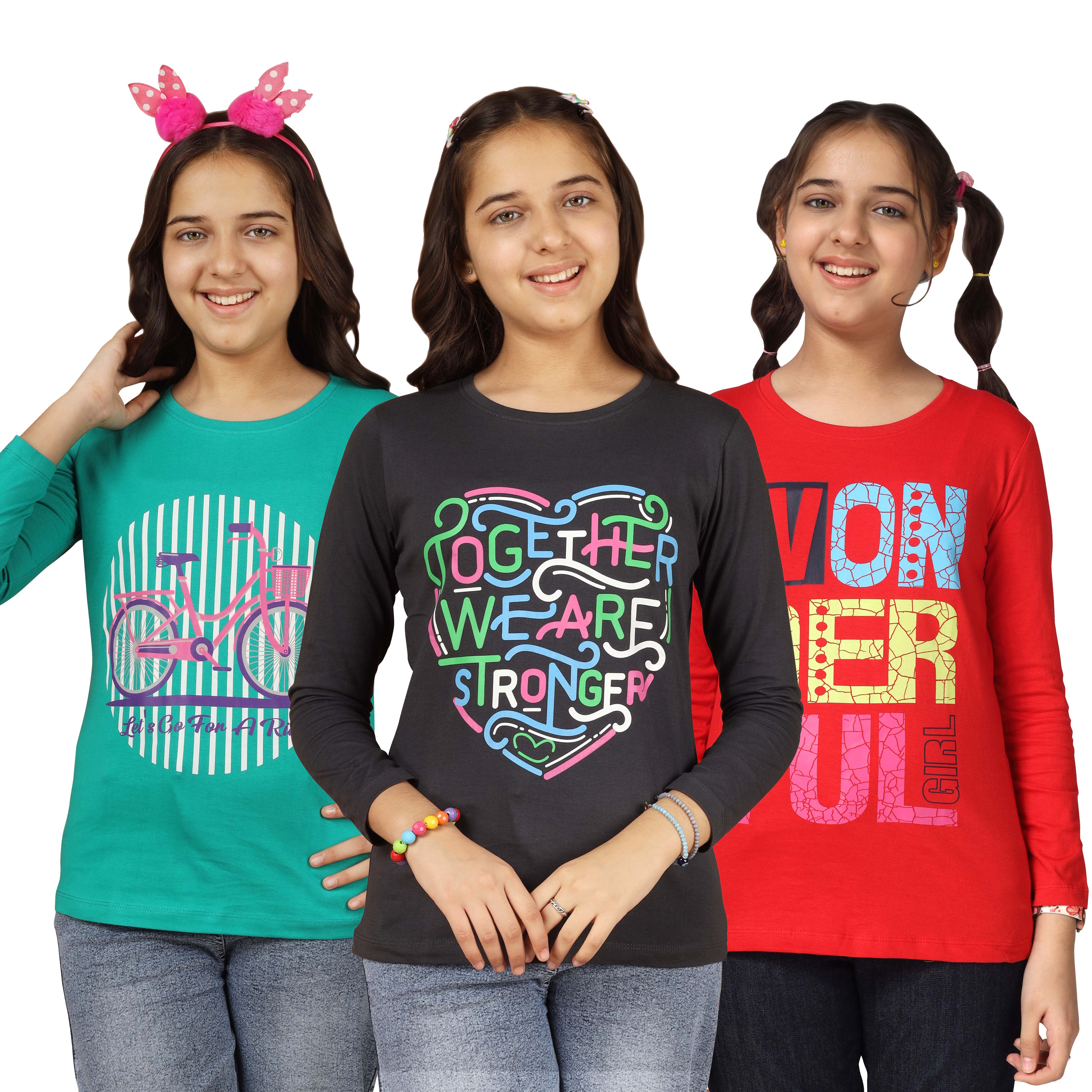 Girls Cotton Printed Full Sleeve T-Shirt - (Pack of 3)