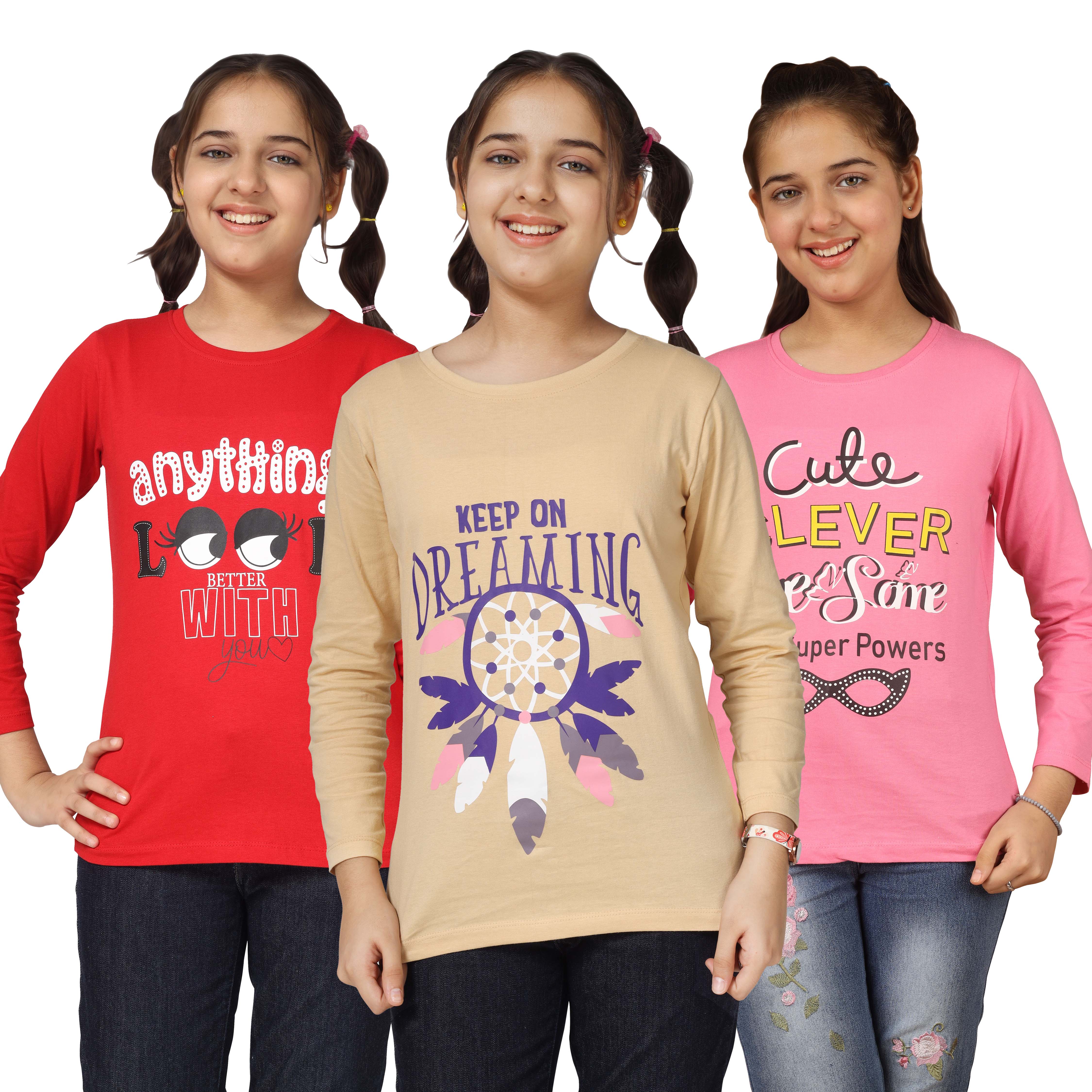 Girls Cotton Full Sleeve Printed T-Shirt (Pack of 3)