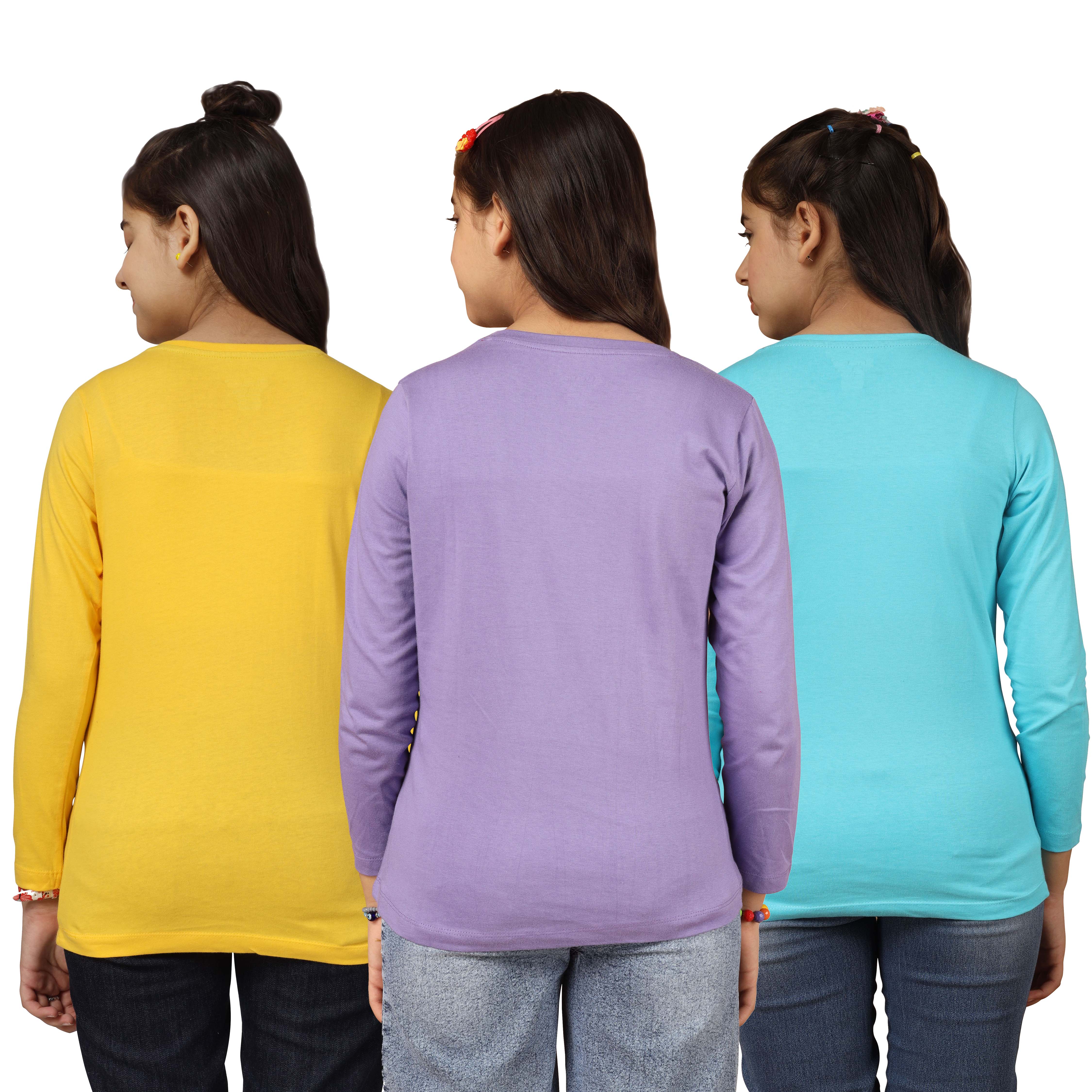 Girls Cotton Full Sleeve Printed T-Shirt (Pack of 3)