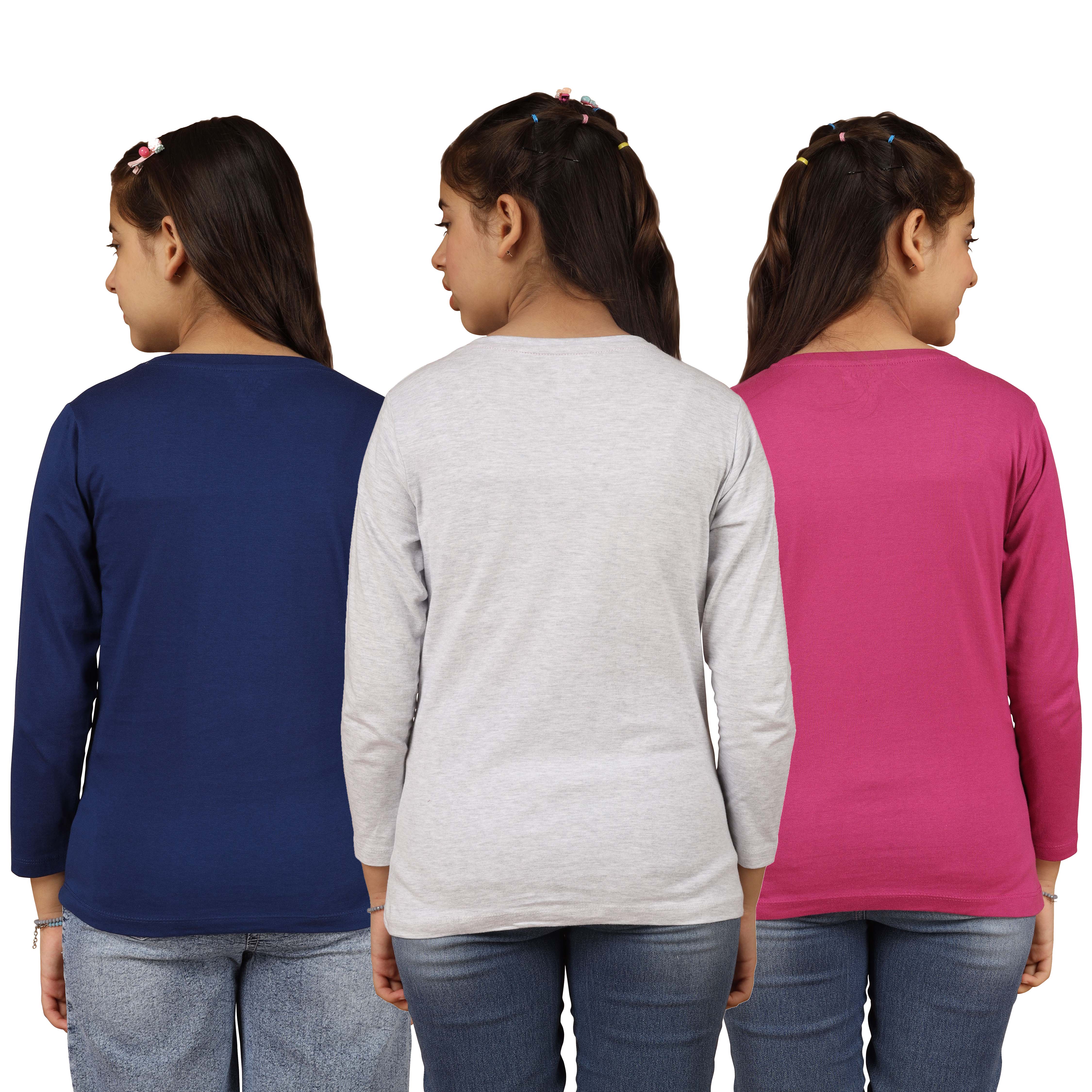 Girls Cotton Full Sleeve Printed T-Shirt (Pack of 3)