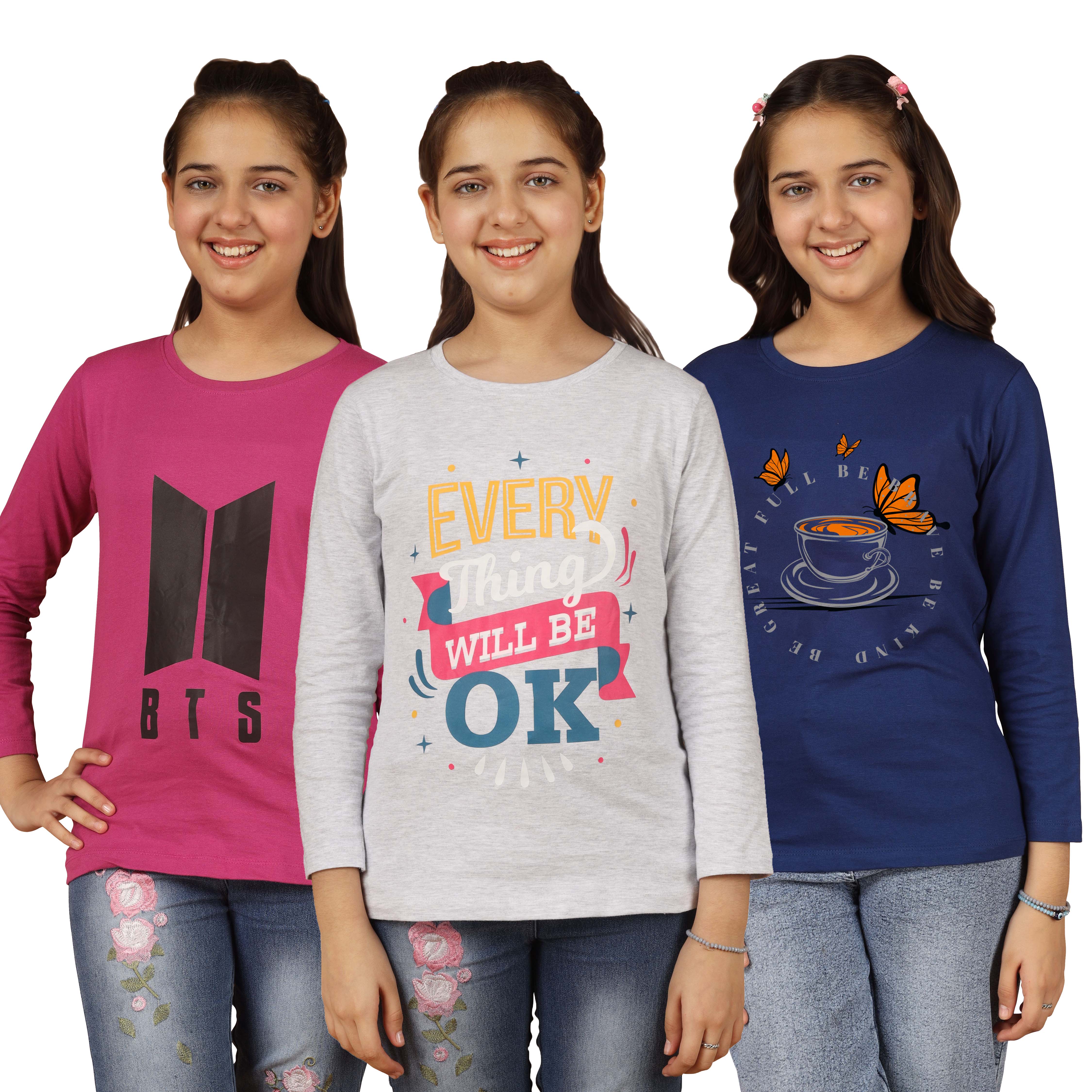 Girls Cotton Full Sleeve Printed T-Shirt (Pack of 3)