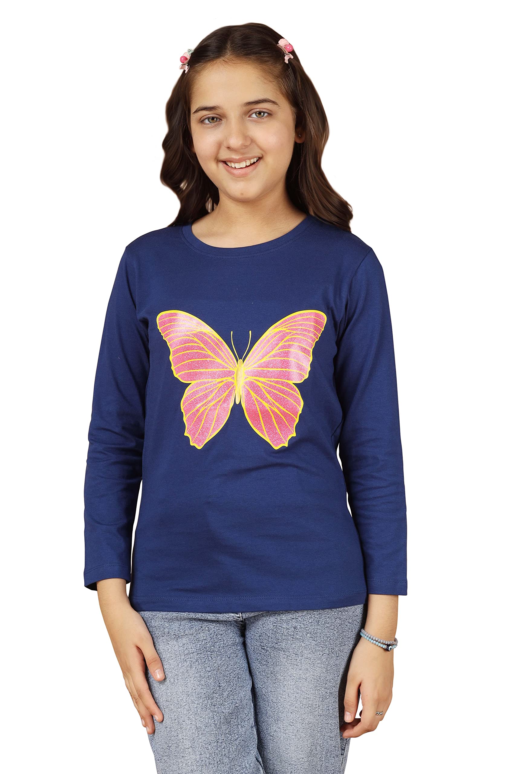Girls Printed Full Sleeve Premium T-shirt | Navy
