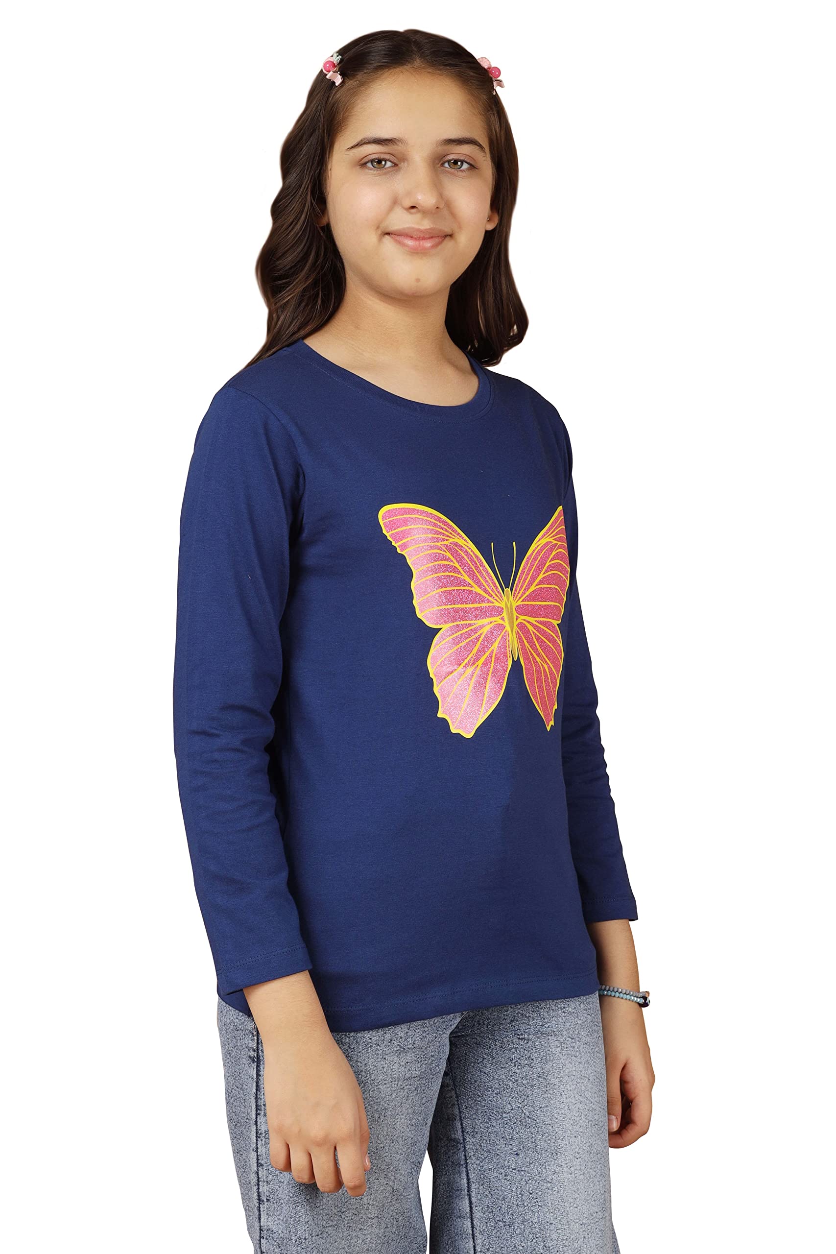 Girls Printed Full Sleeve Premium T-shirt | Navy
