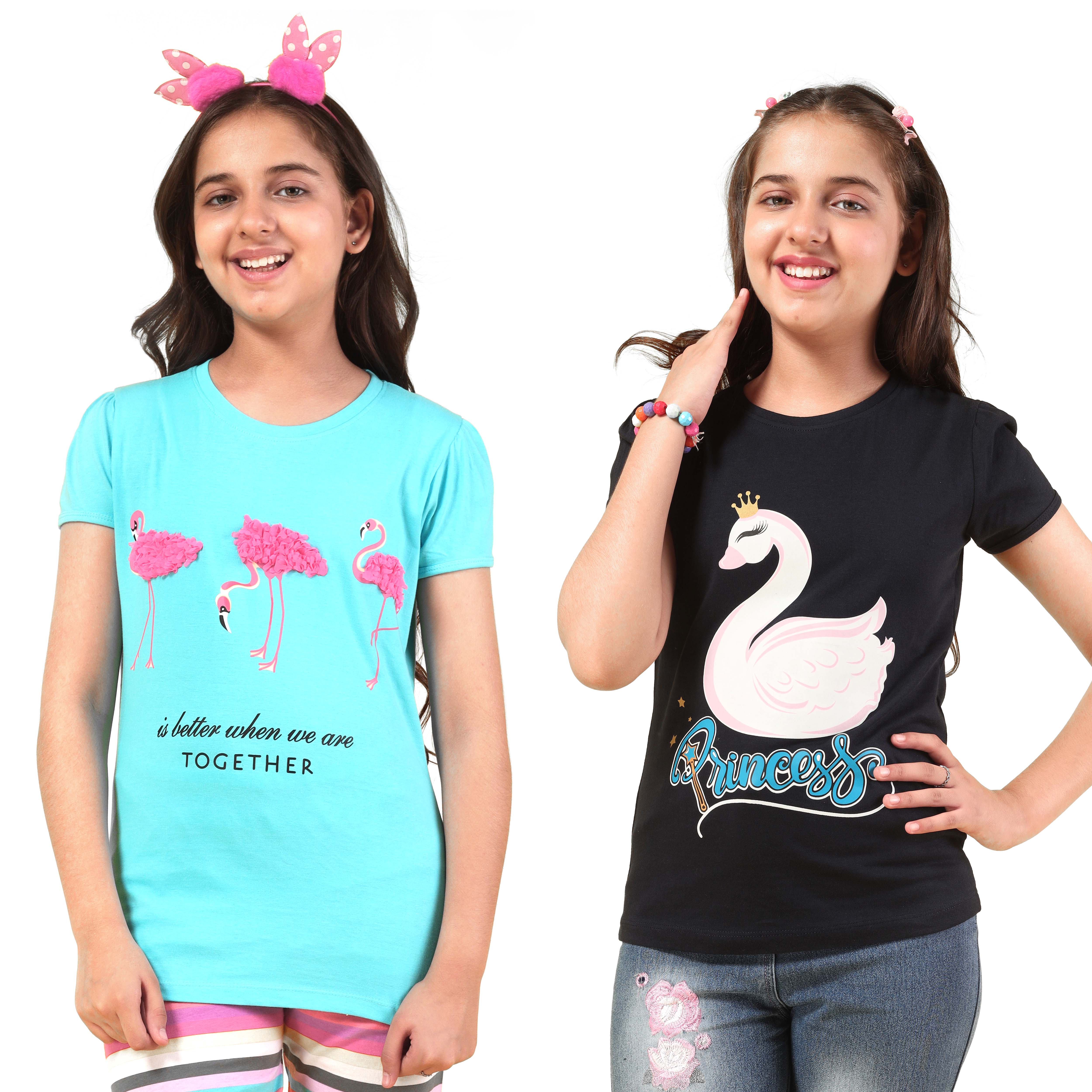 Girls Cotton Full Sleeve Printed SkyBlue Tops (Pack of 2)