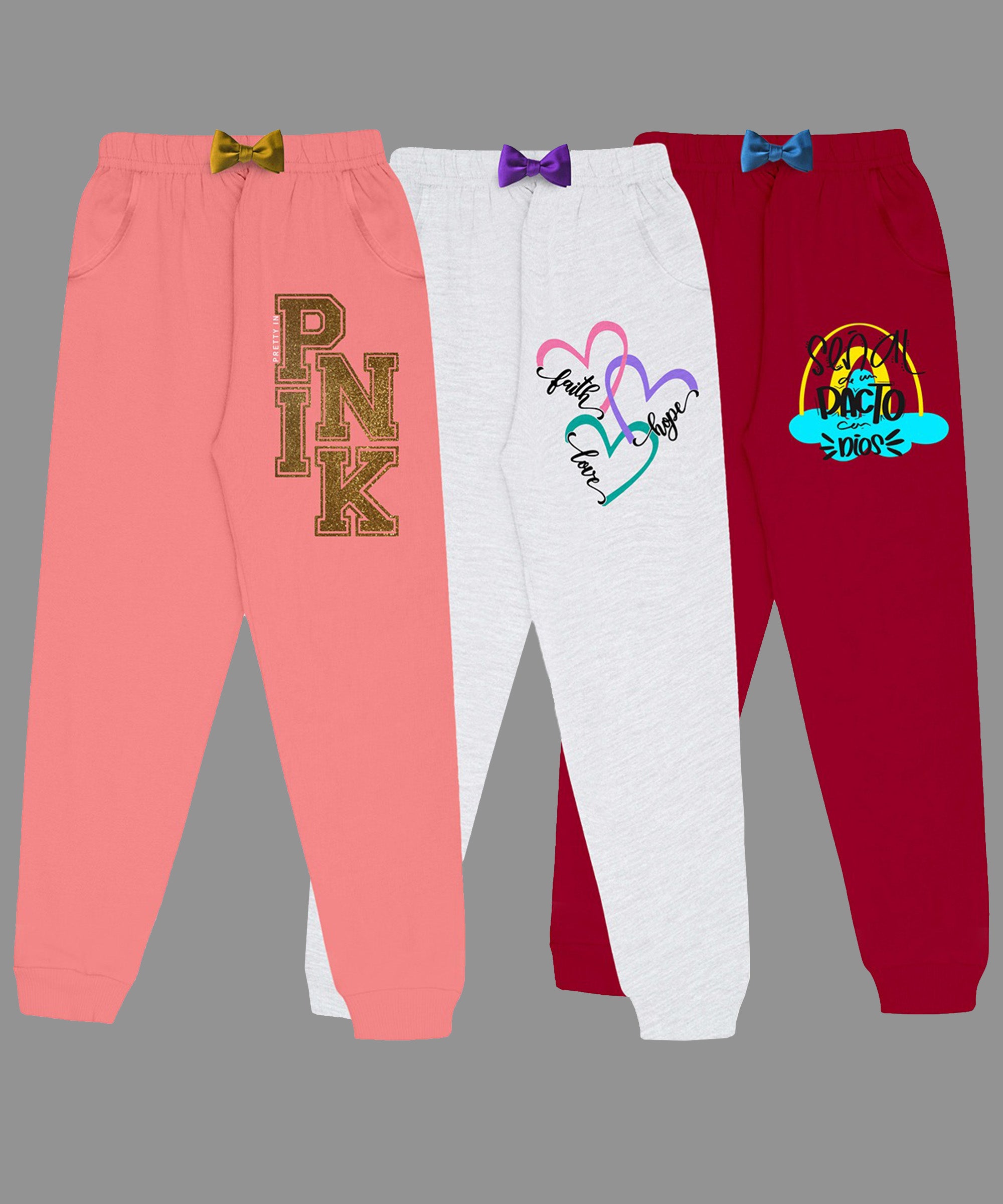 Girls Cotton Printed Track Pants with Pocket C1 - Multicolor (Pack of 3)