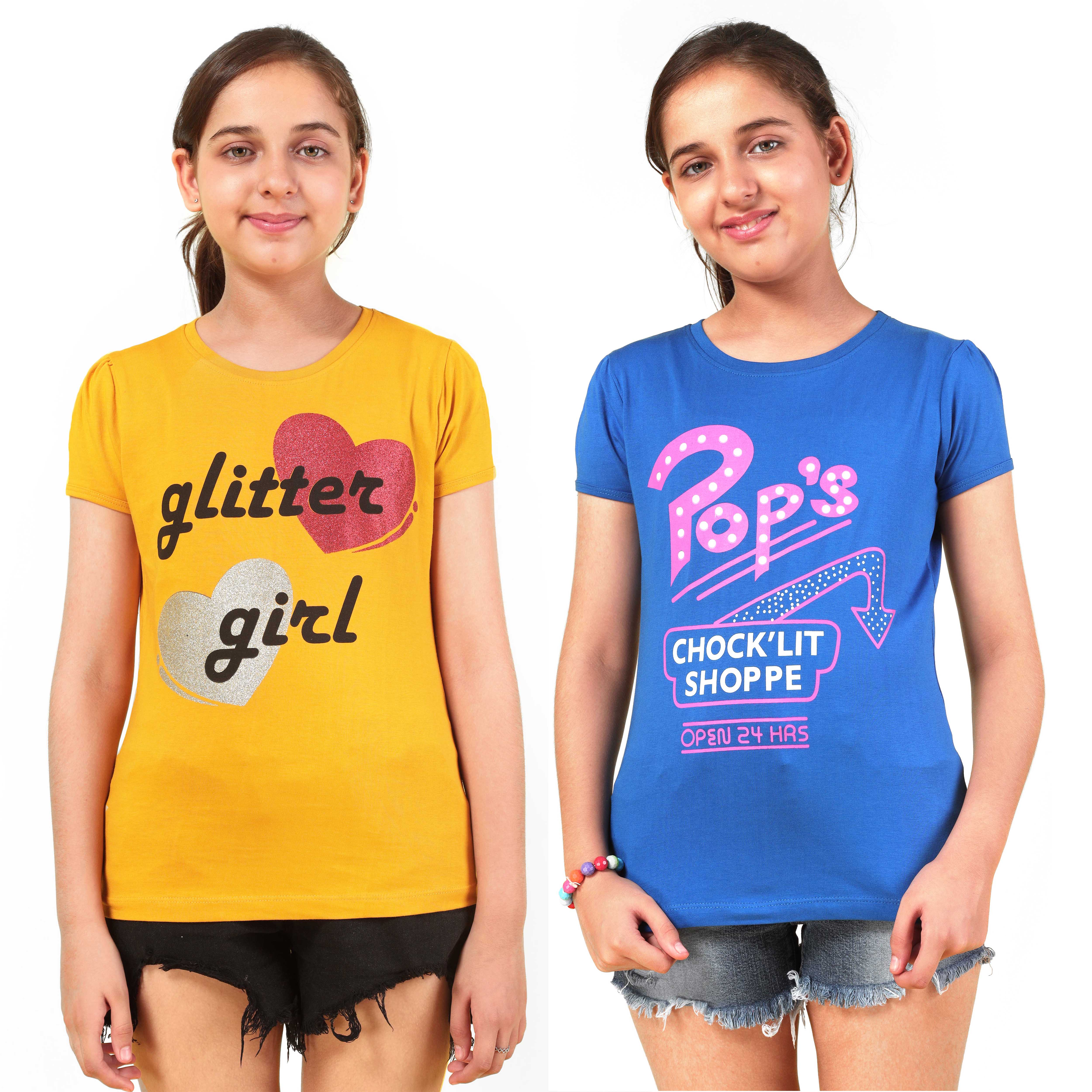 Girls Cotton Full Sleeve Printed Blue Tops (Pack of 2)
