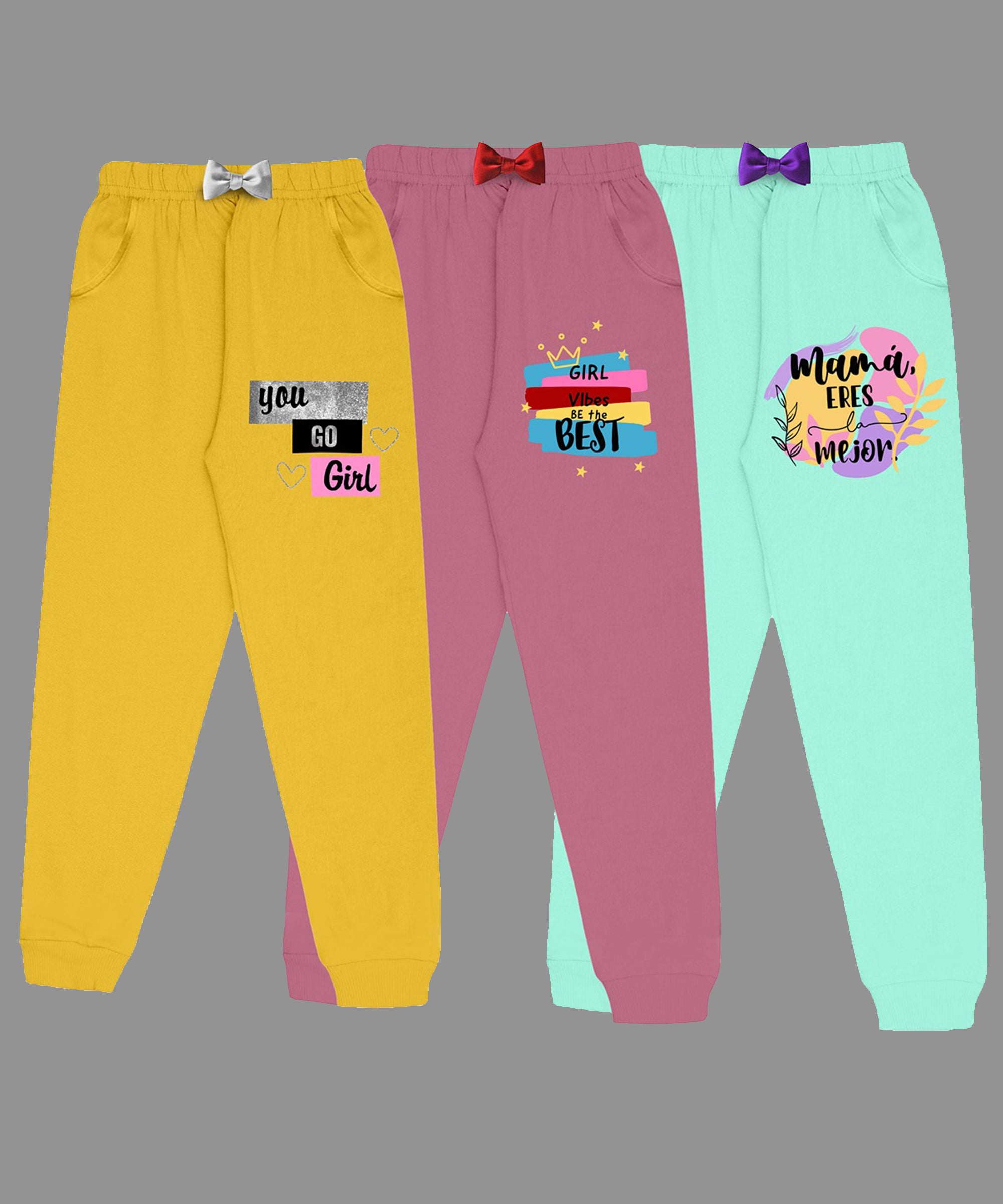Girls Cotton Printed Track Pants with Pocket C2 - Multicolor (Pack of 3)