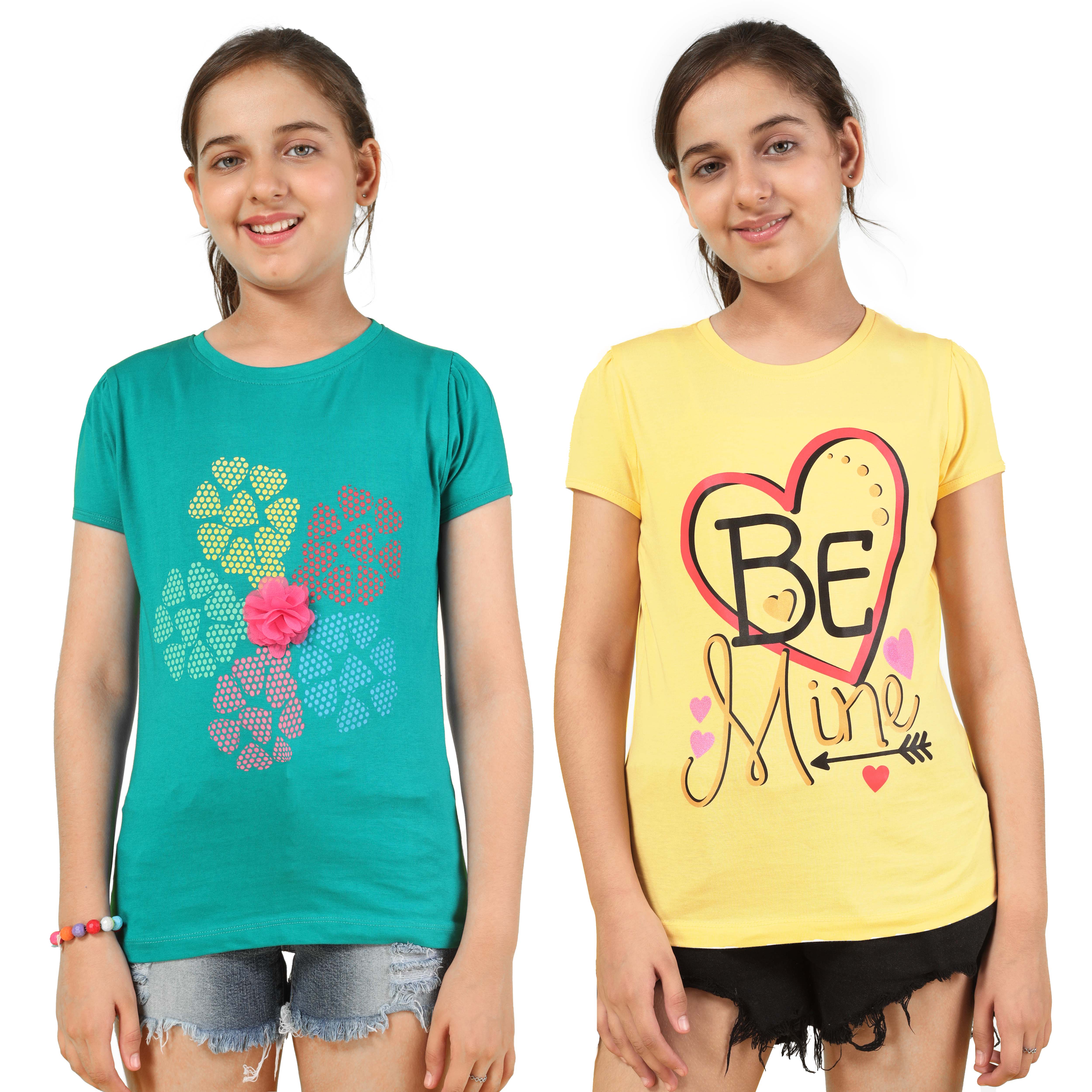 Girls Cotton Full Sleeve Printed Yellow Tops (Pack of 2)