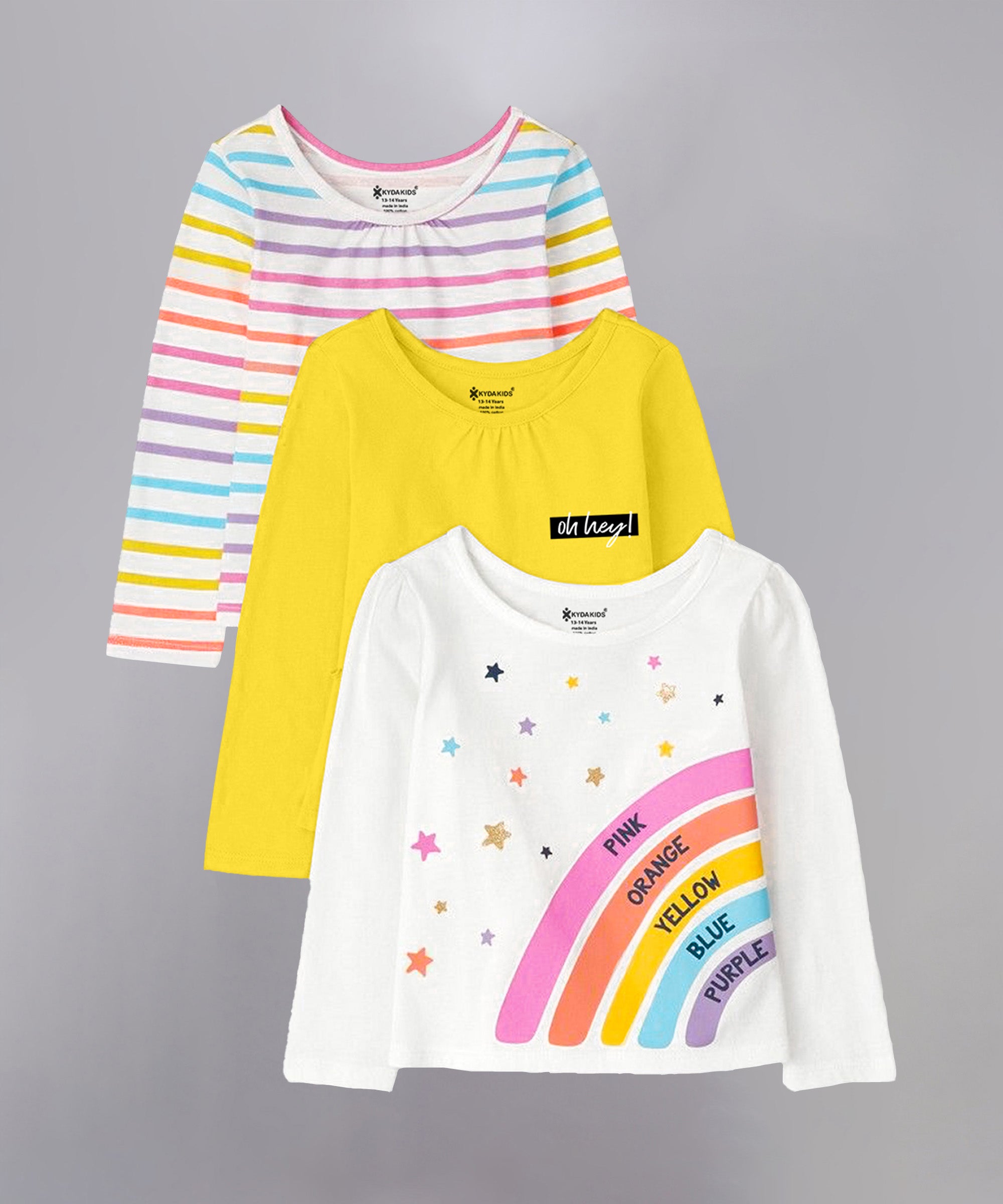 Rainbow Theme | Girls Full Sleeve T-Shirts (Pack of 3)