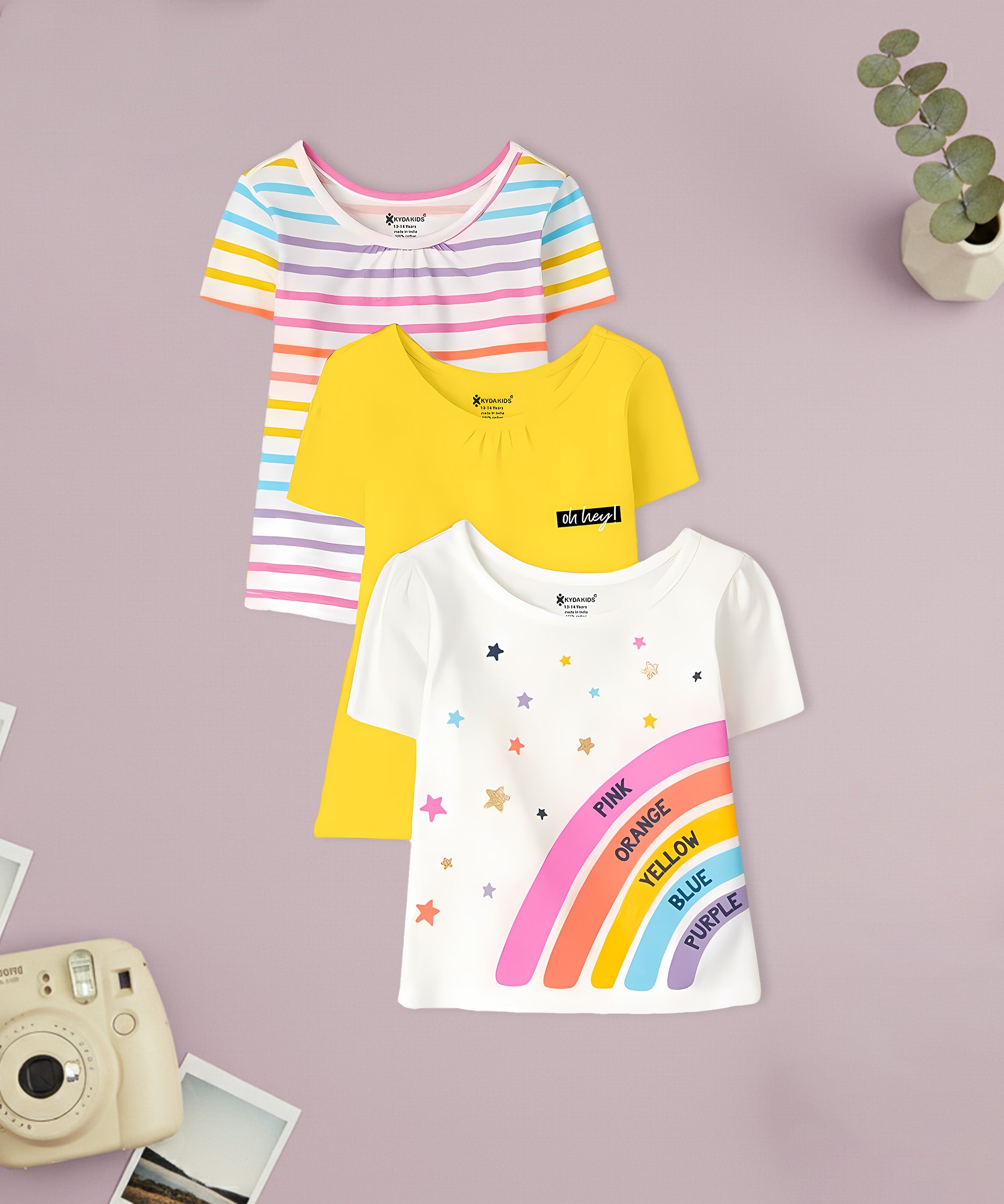 Girls Cotton Full Sleeve Printed Yellow Tops (Pack of 3)