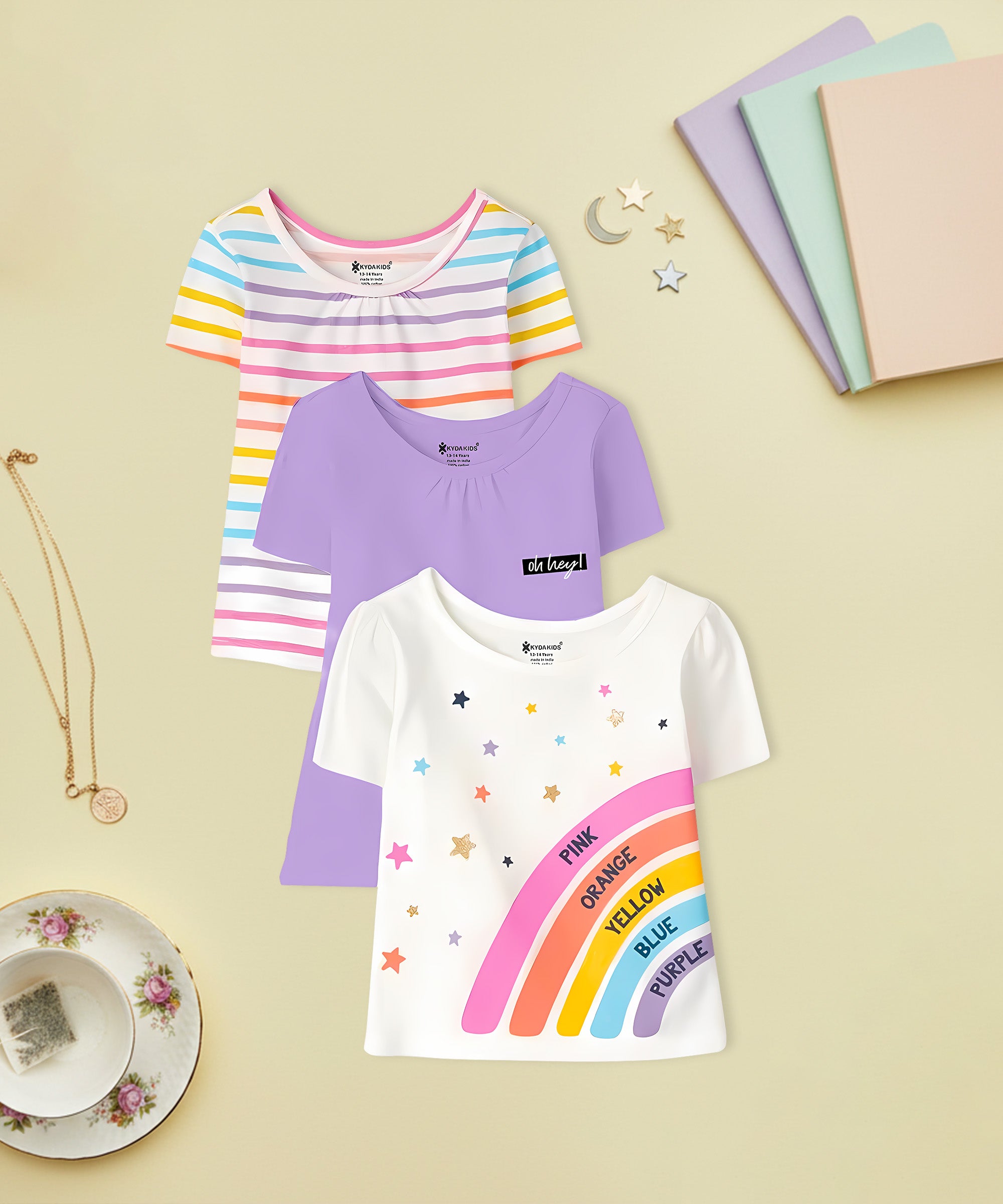 Girls Cotton Full Sleeve Printed Purple Tops (Pack of 3)