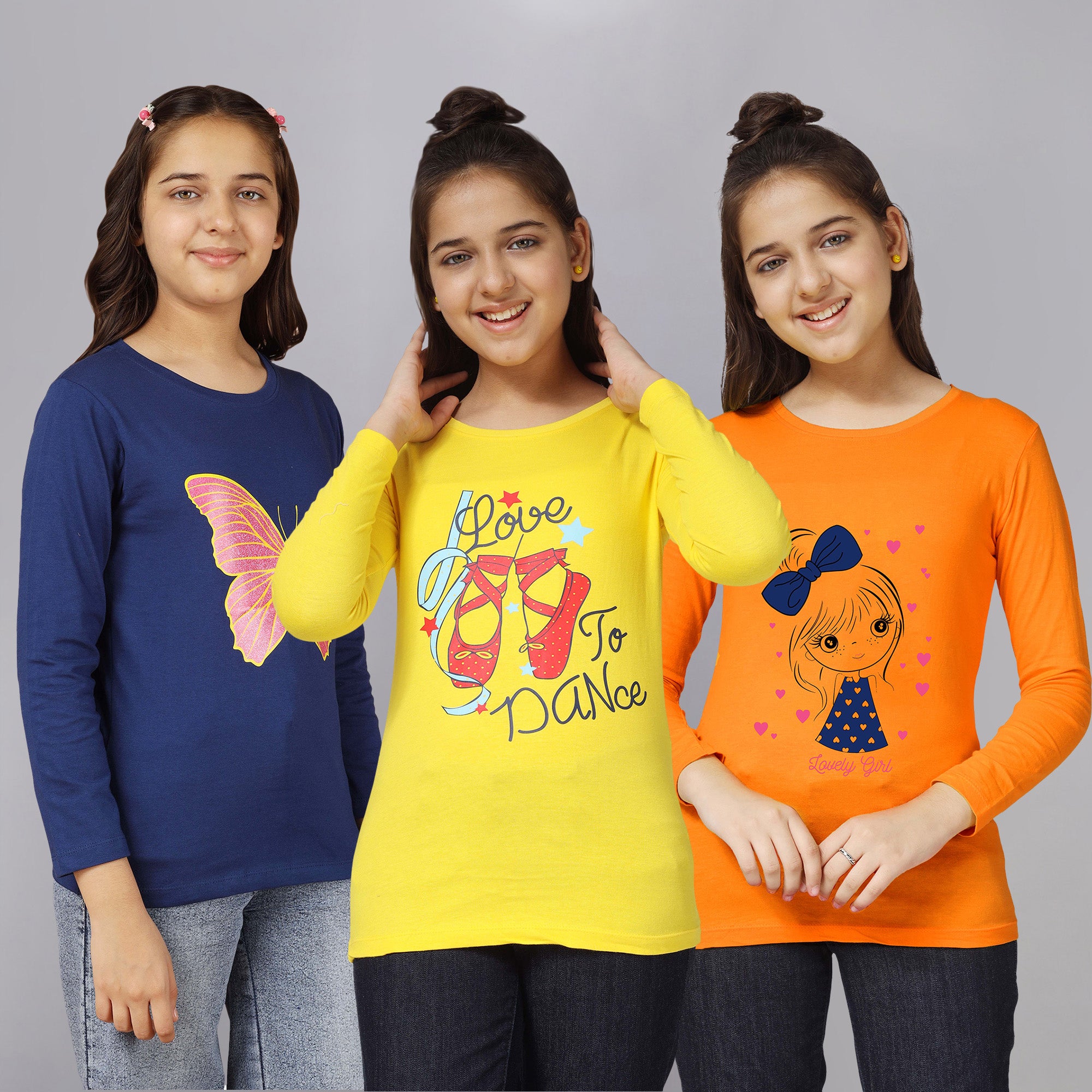 Girls Printed Full Sleeve Premium T-shirt(Pack of 3)