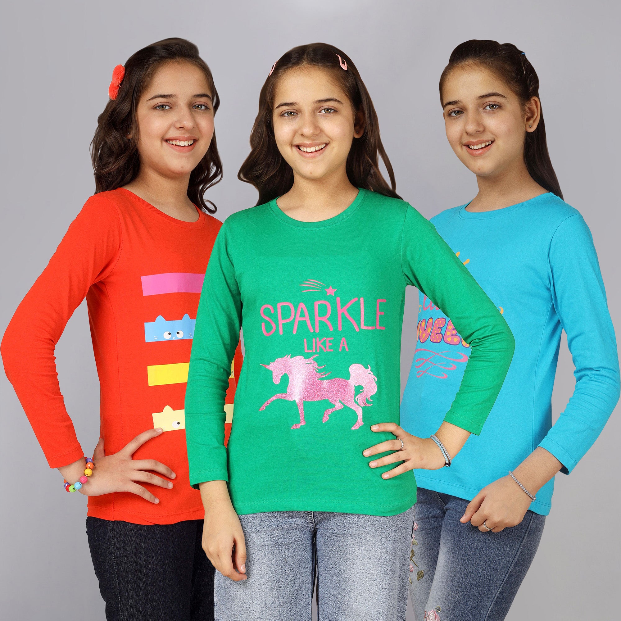 Girls Printed Full Sleeve Premium T-shirt(Pack of 3)