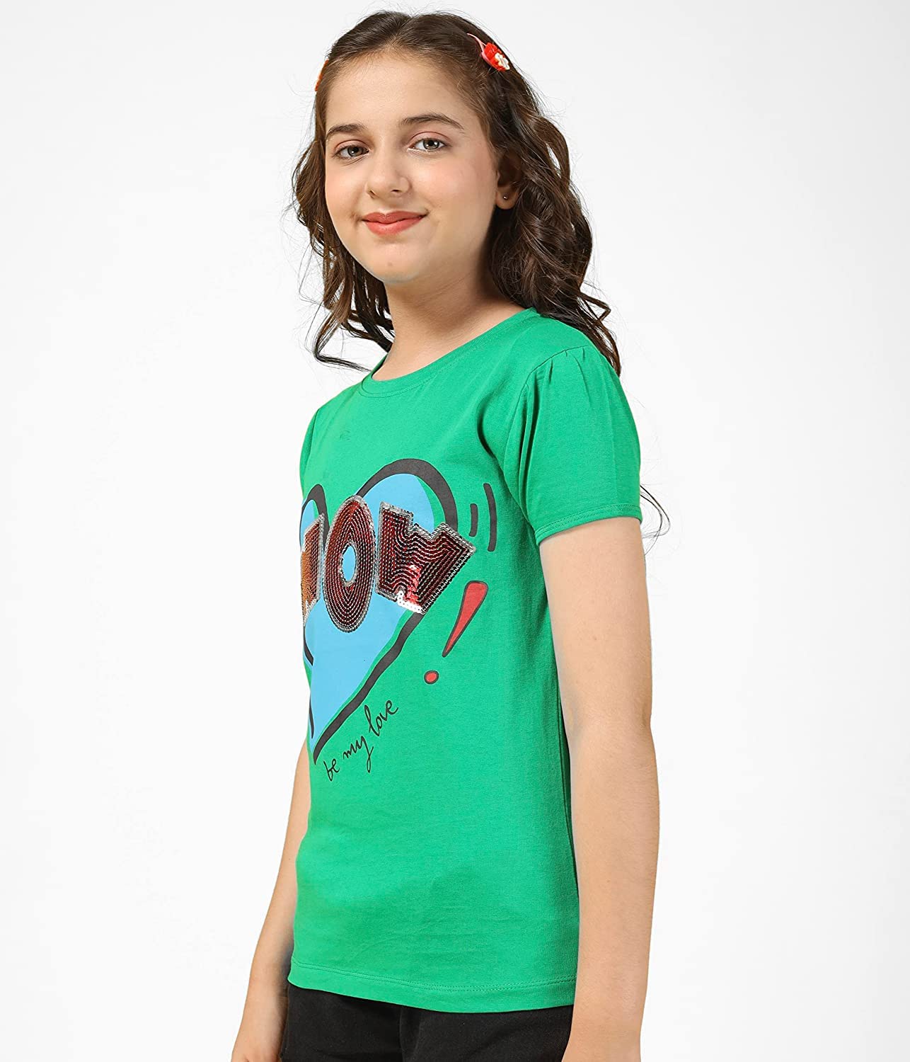 Girls Cotton Half Sleeve Printed Tops- Green