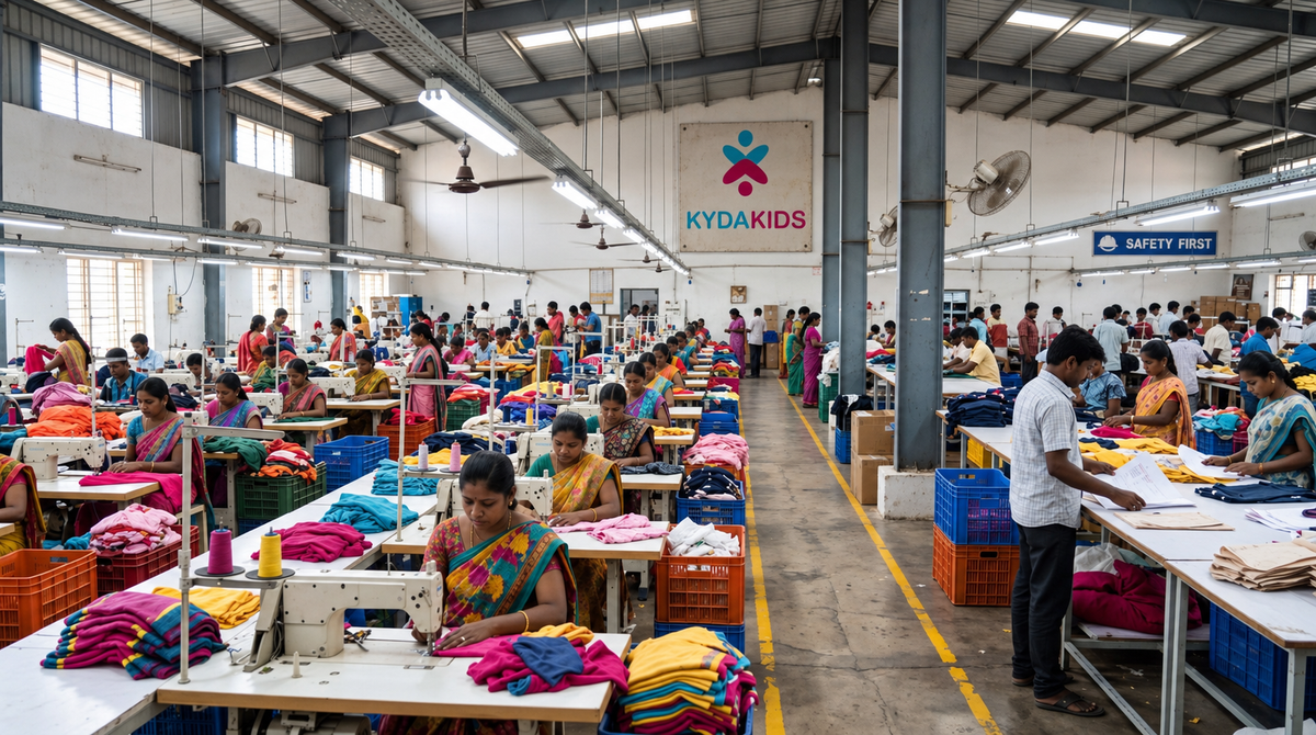 Stitching floor at the KYDA Kids unit in Tiruppur