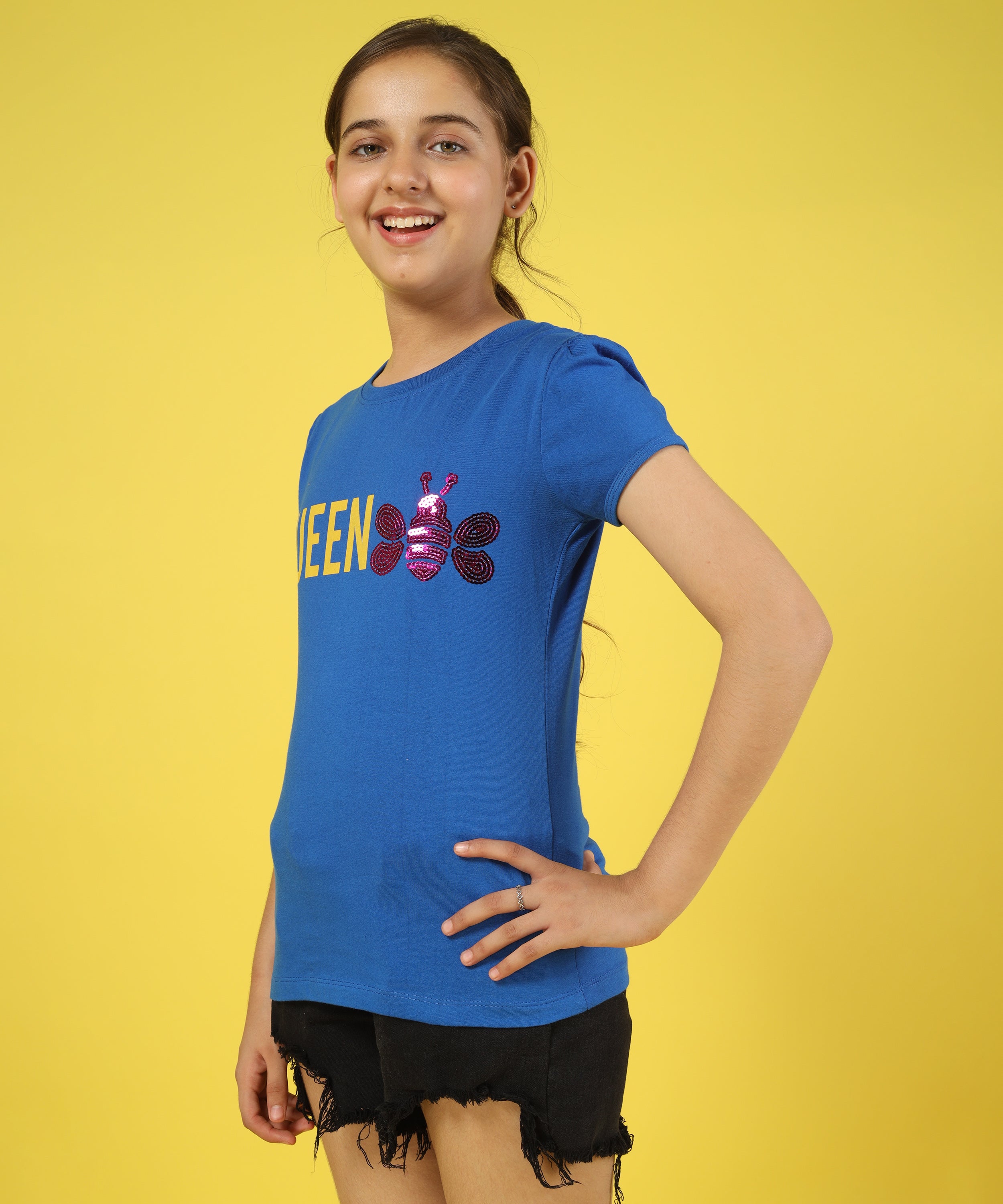 Girls Cotton Half Sleeve Printed Tops - Blue