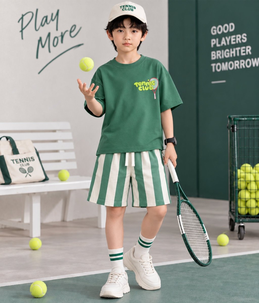 Boys Pure Cotton Printed Oversized T-Shirt Striped Shorts Clothing Set - KYDA ONLINE STORE