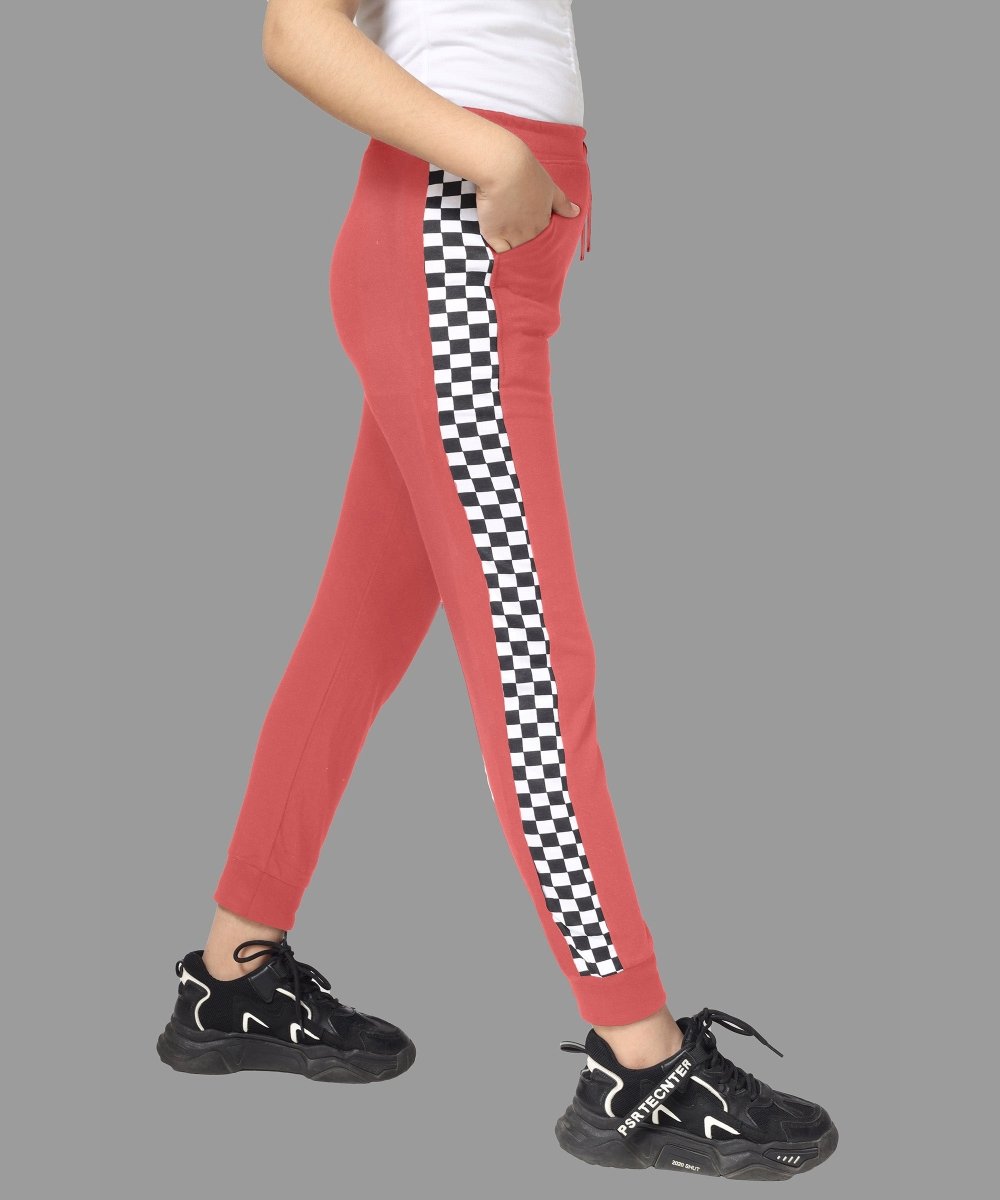 Girls Checkered Side-Stripe Track Pants - Coral - KYDA ONLINE STORE