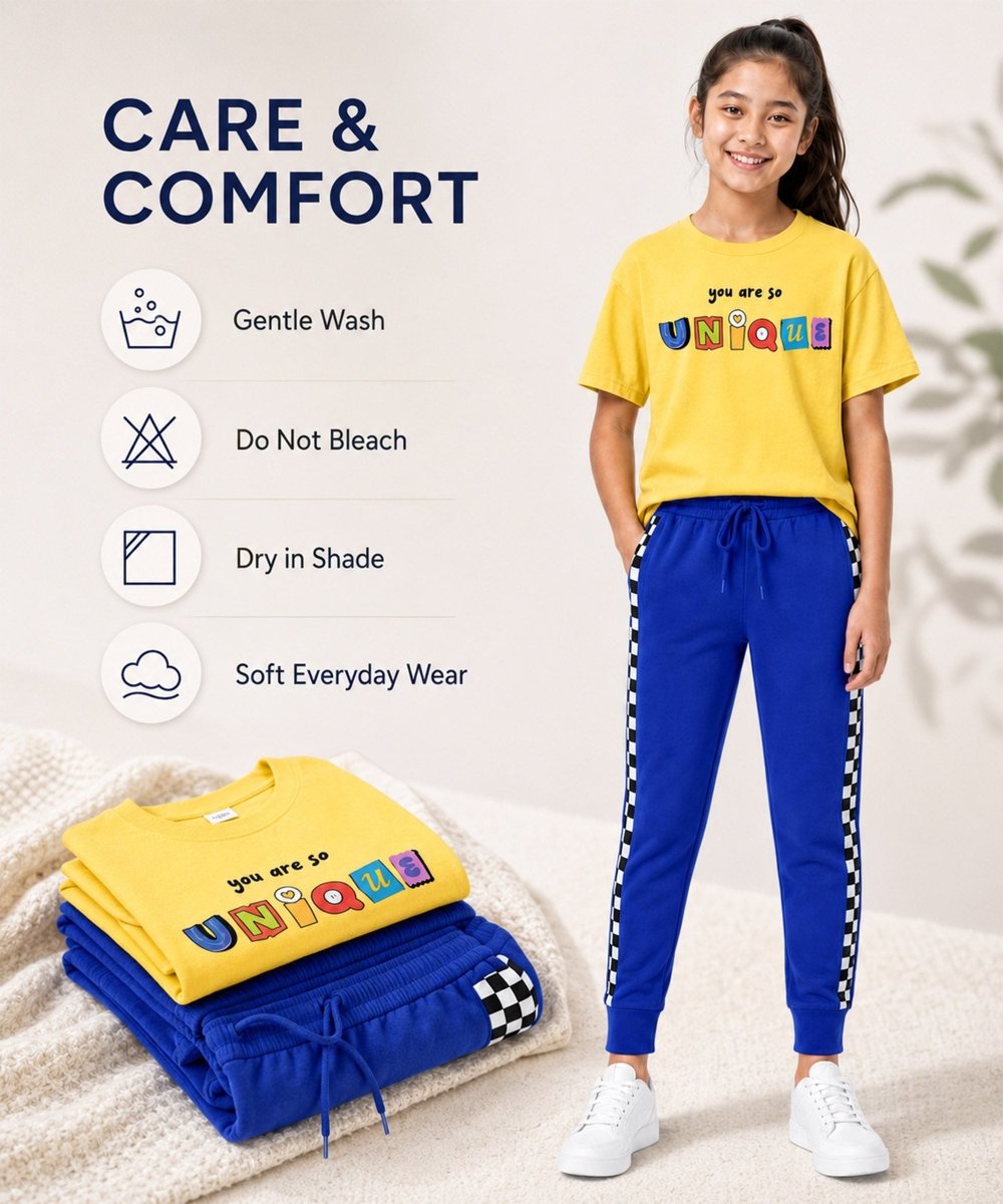 Girls Printed T-Shirt & Jogger Set – Yellow & Royal Blue - KYDA ONLINE STORE