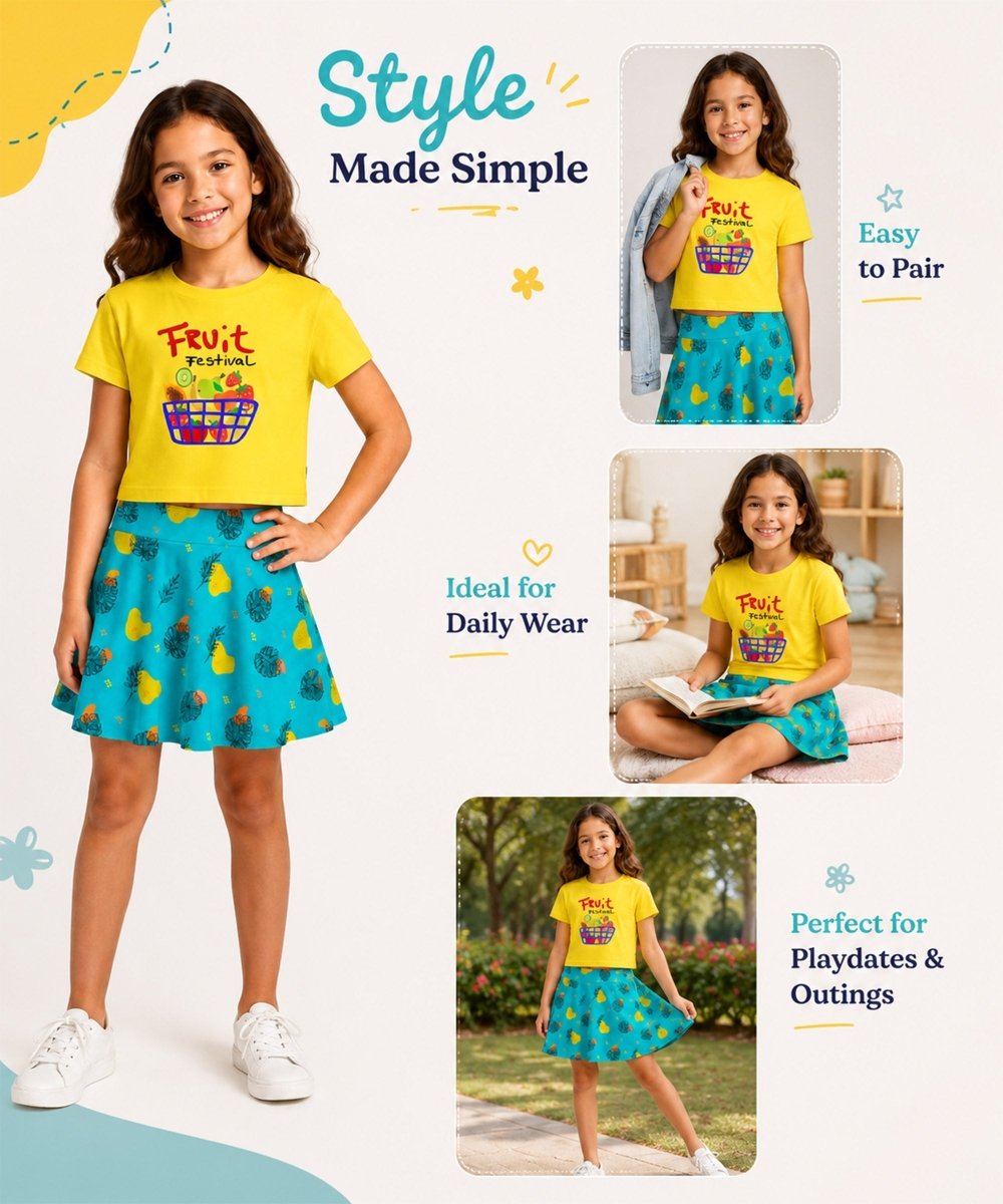 Girls Cotton Printed T-Shirt Skirt Clothing Set - KYDA ONLINE STORE