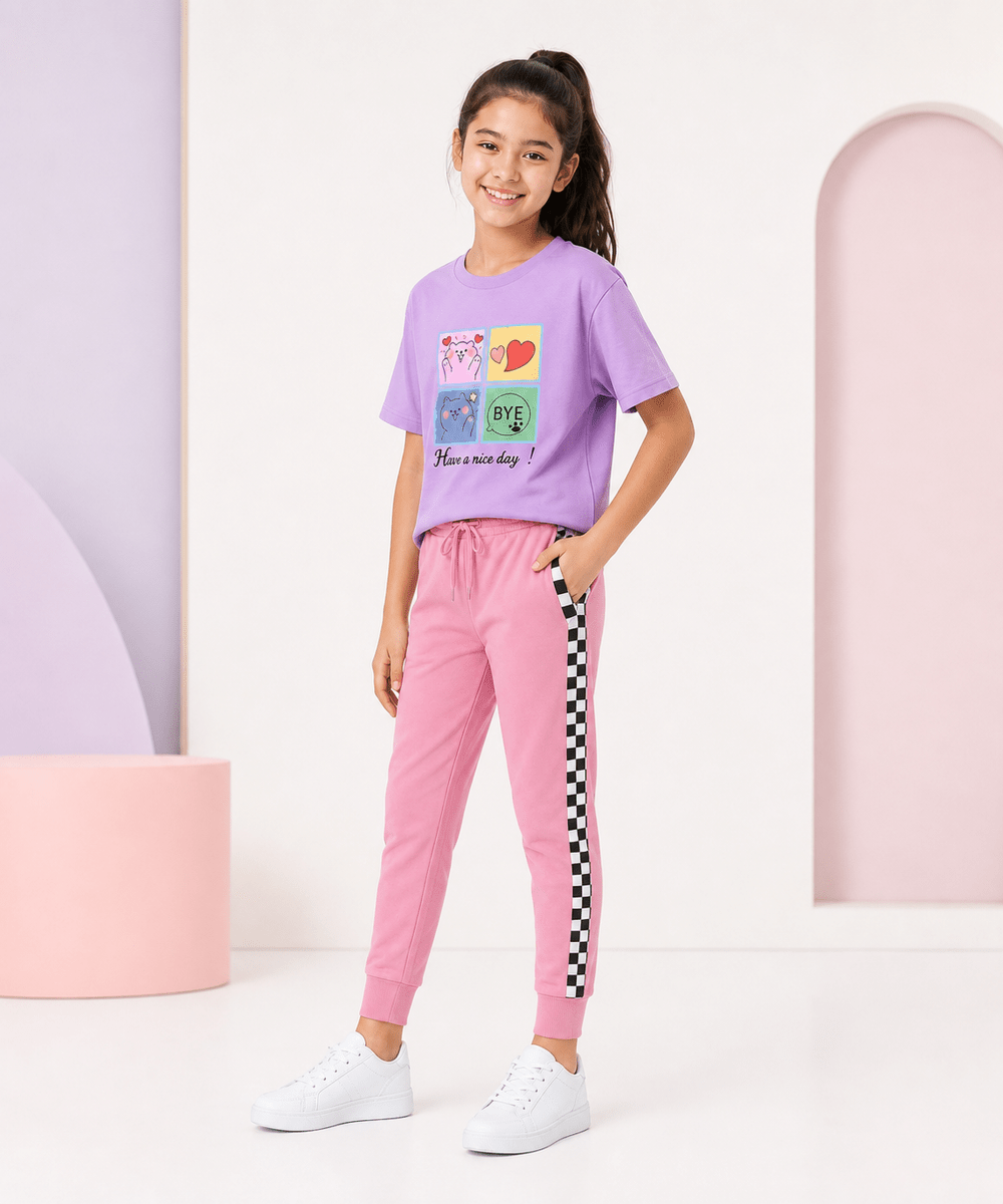 Girls Printed T-Shirt & Jogger Set – Lavender & Pink - KYDA ONLINE STORE