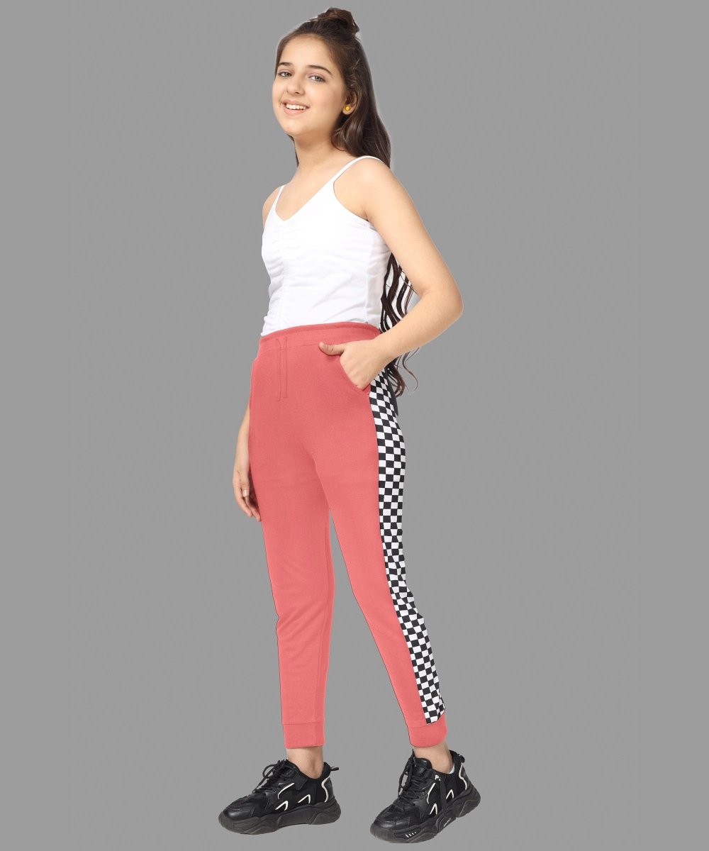 Girls Checkered Side-Stripe Track Pants - Coral - KYDA ONLINE STORE