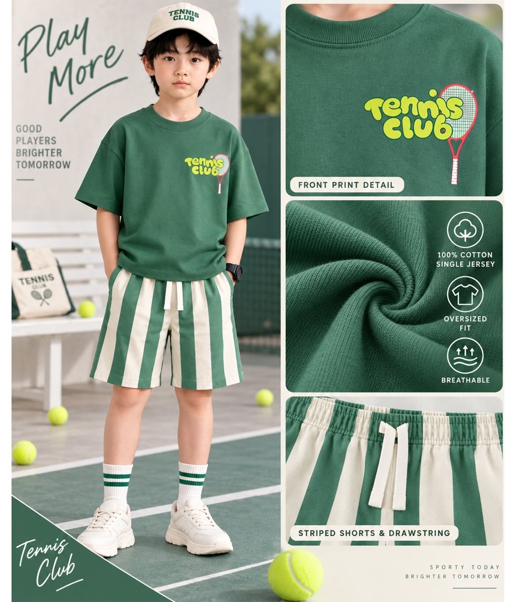 Boys Pure Cotton Printed Oversized T-Shirt Striped Shorts Clothing Set - KYDA ONLINE STORE