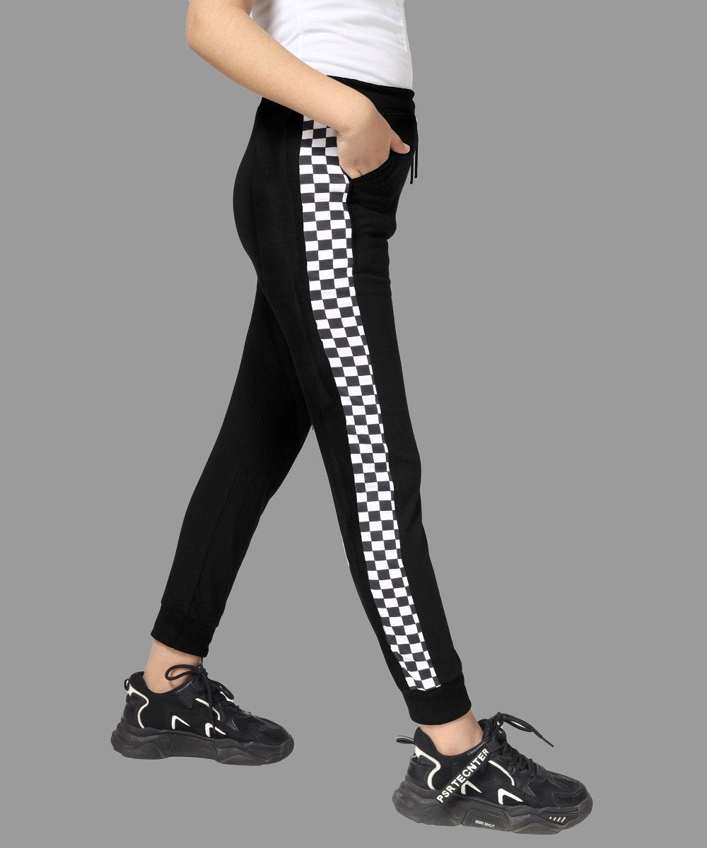 Girls Checkered Side-Stripe Track Pants - Black - KYDA ONLINE STORE