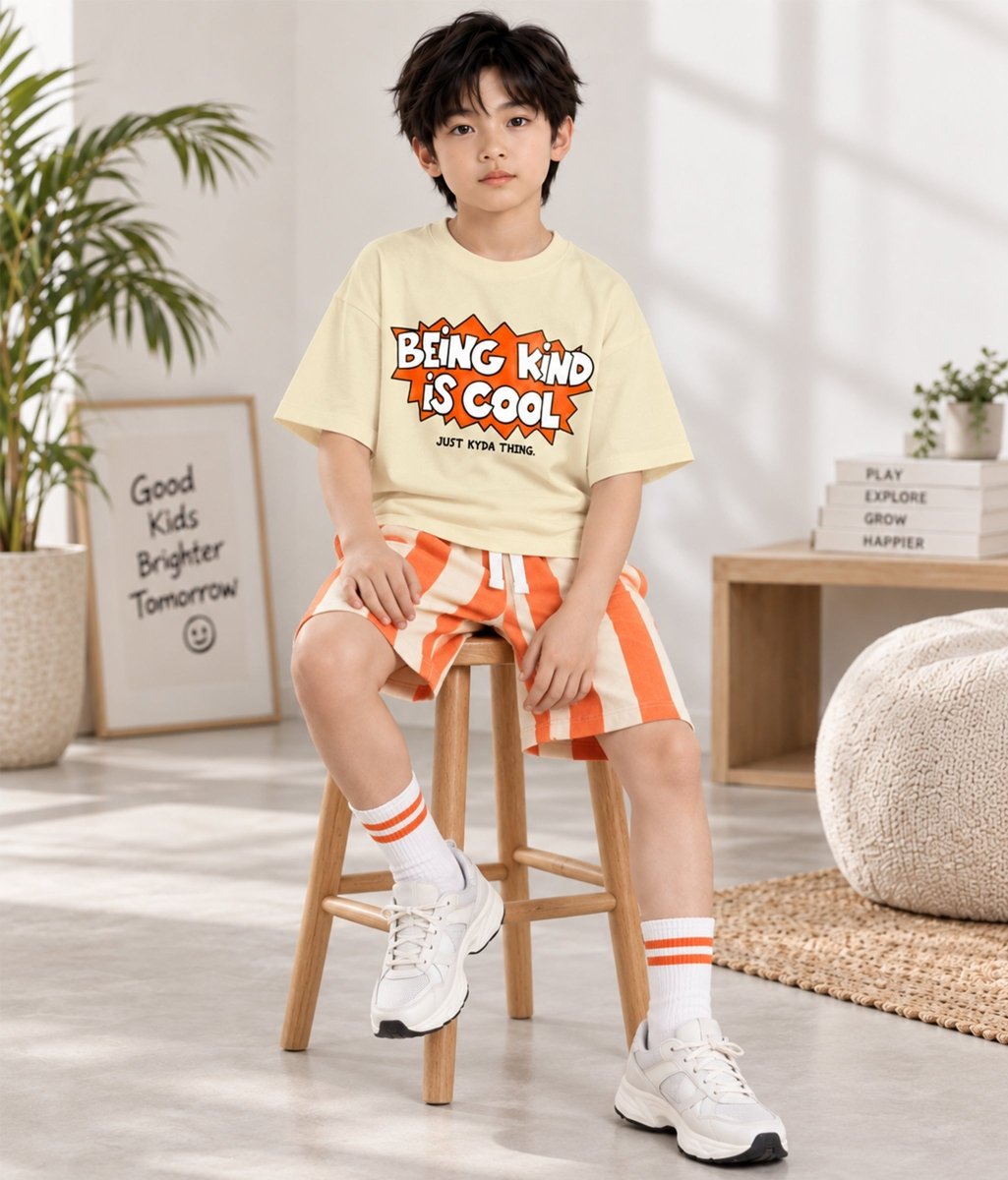 Boys Pure Cotton Printed Oversized T-Shirt Striped Shorts Clothing Set - KYDA ONLINE STORE