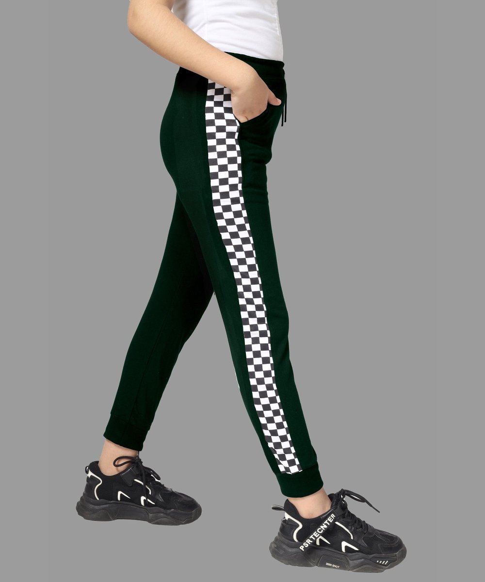 Girls Checkered Side-Stripe Track Pants - Dark Green - KYDA ONLINE STORE