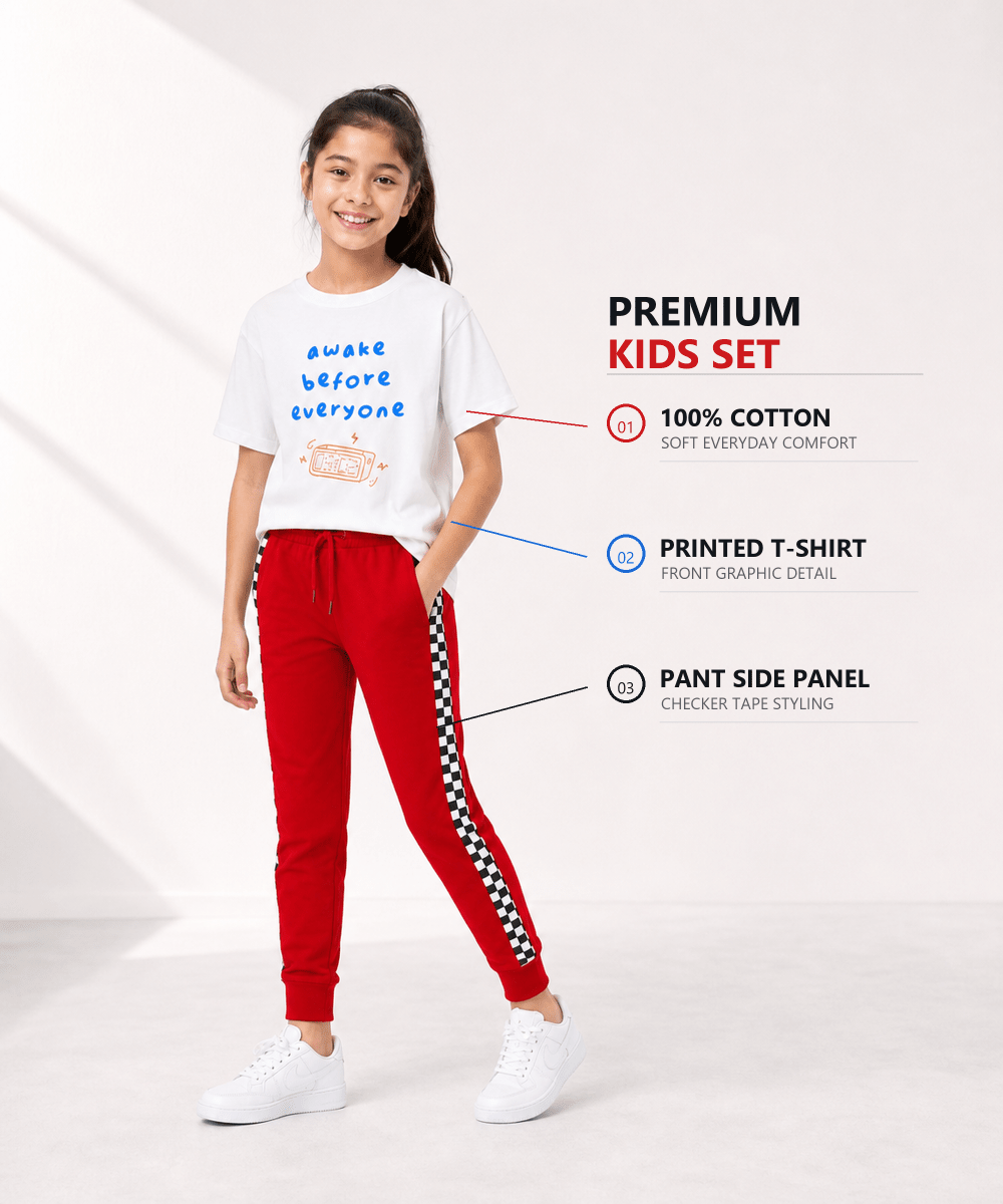 Girls Printed T-Shirt & Jogger Set – White & Red - KYDA ONLINE STORE