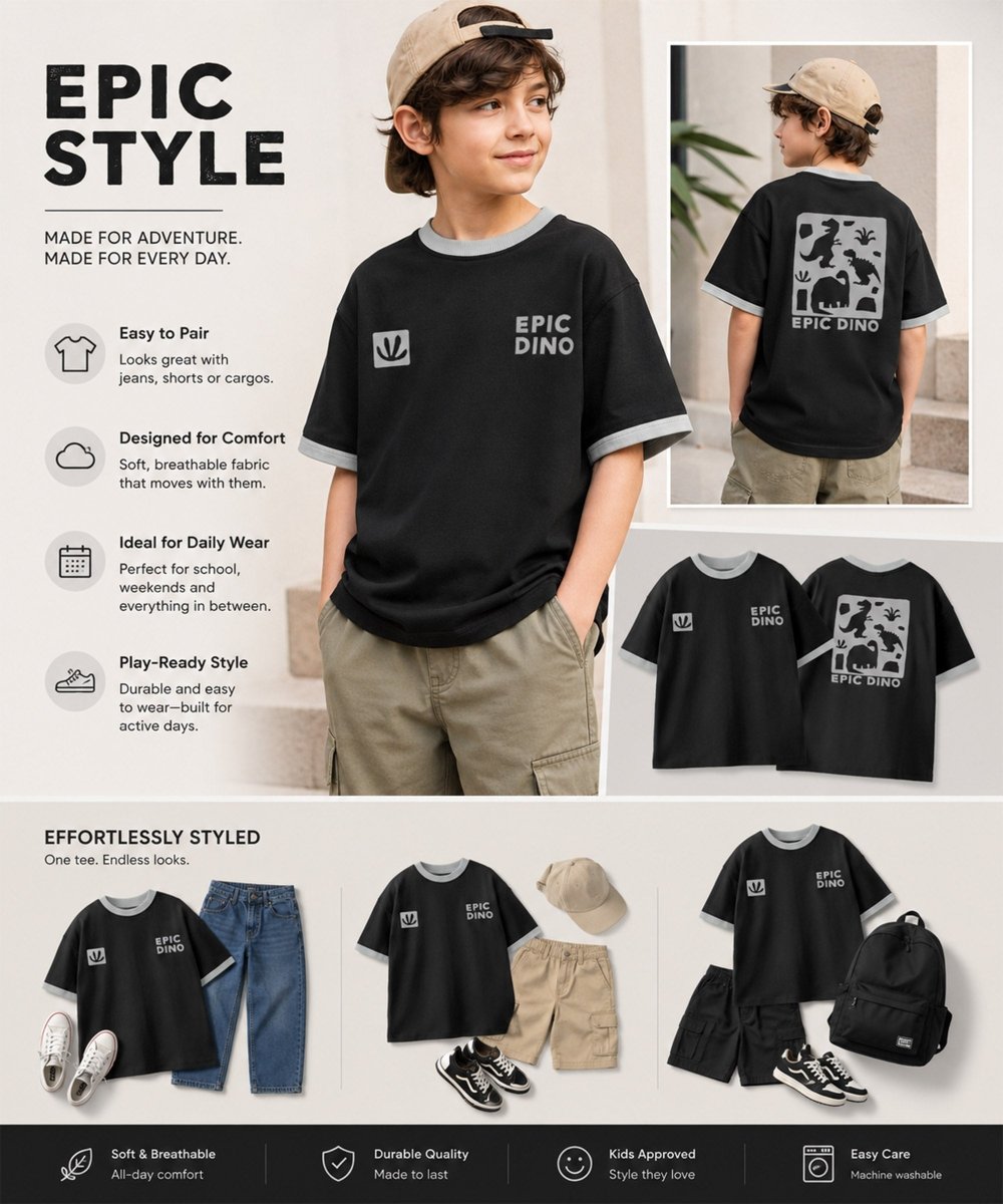 Boys Oversized Printed T-Shirt | Epic Dino - KYDA ONLINE STORE