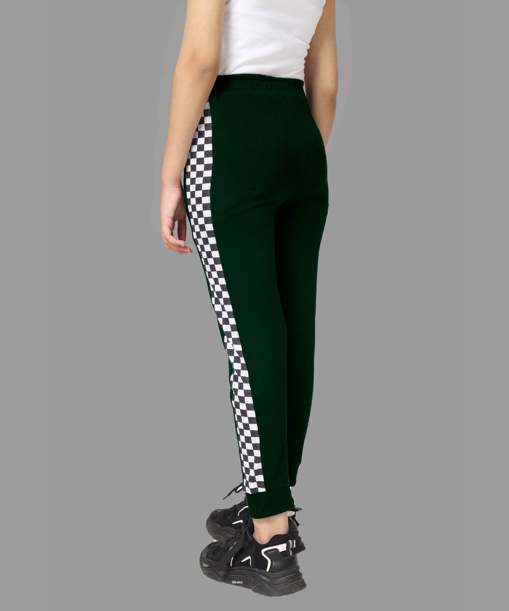Girls Checkered Side-Stripe Track Pants - Dark Green - KYDA ONLINE STORE